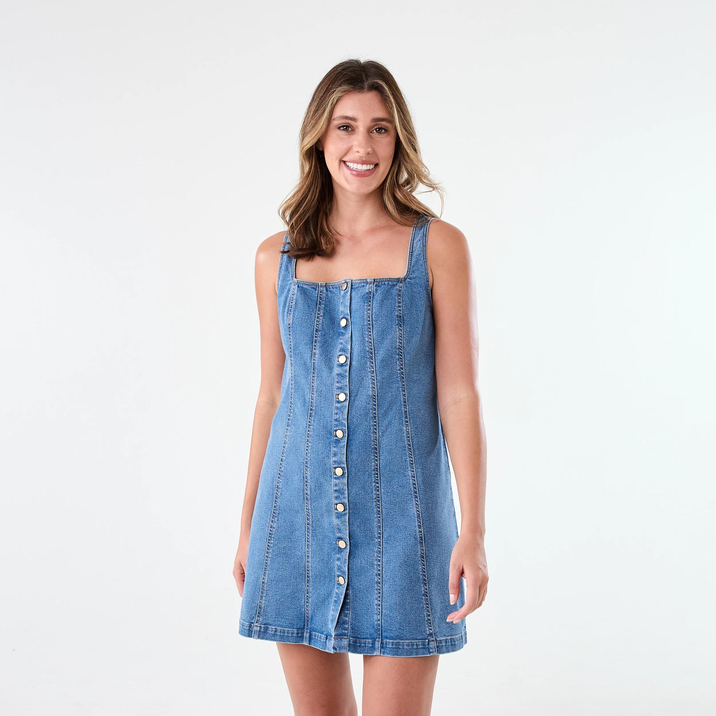 1 Sleeveless Square Neck Denim Mini Dress Mid Wash, 1 of 7