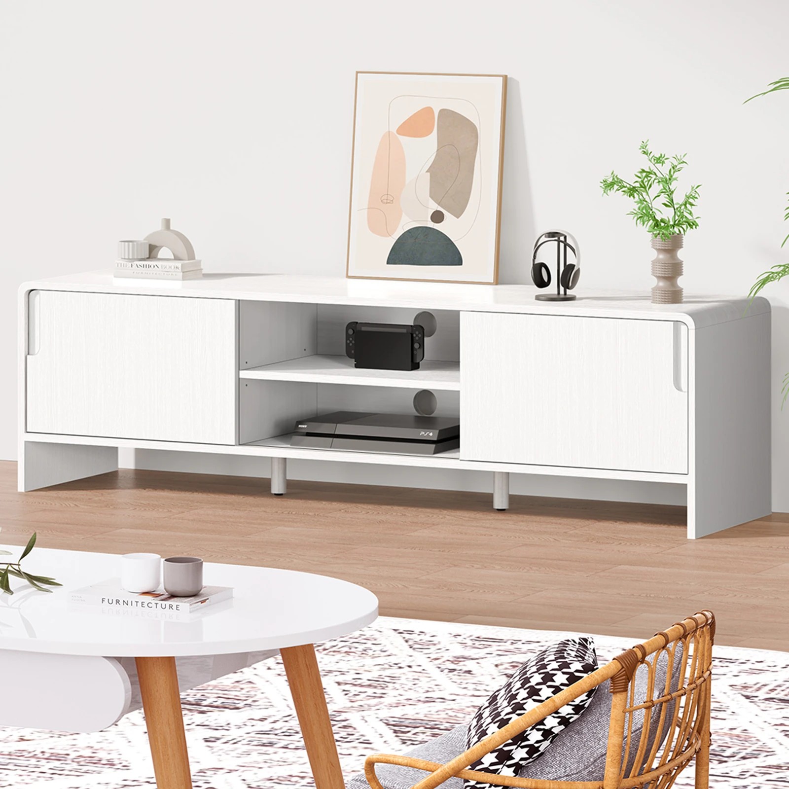 2 Alfordson Entertainment Unit TV Cabinet Stand 150cm Storage Sliding Doors Shelf - White, 2 of 4