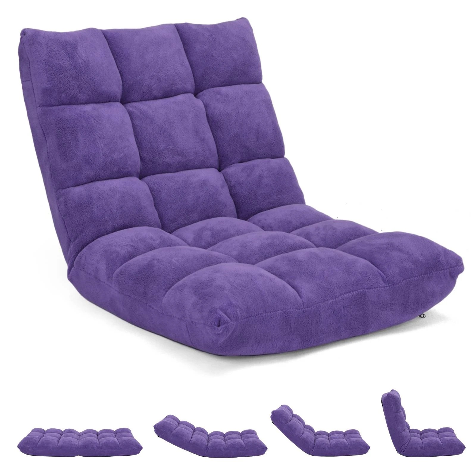 1 Costway Adjustable Floor Chair Lazy Sofa Velvet Lounge Recliner - Purple, 1 of 8