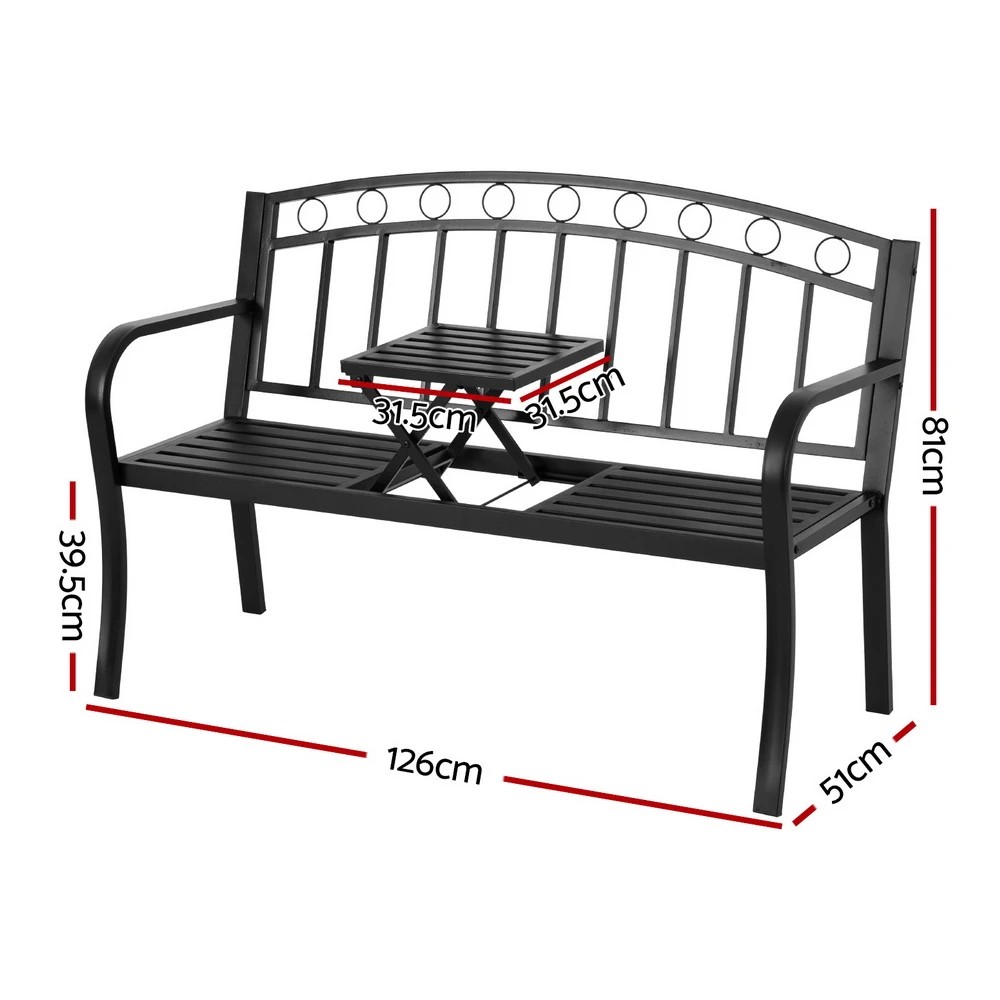 2 Gardeon Outdoor Garden Bench Seat Loveseat Steel Foldable Table Patio Furniture - Black, 2 of 6