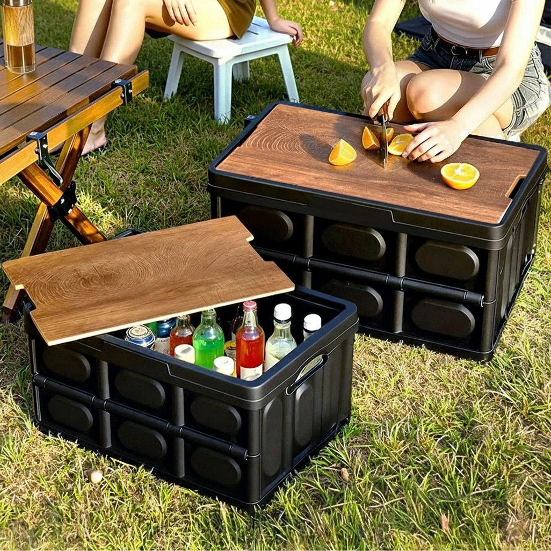 5 Gardeon Collapsible Outdoor Storage Box 50L Stackable Folding Camping Organizer Plywood Lid - Black, 5 of 7