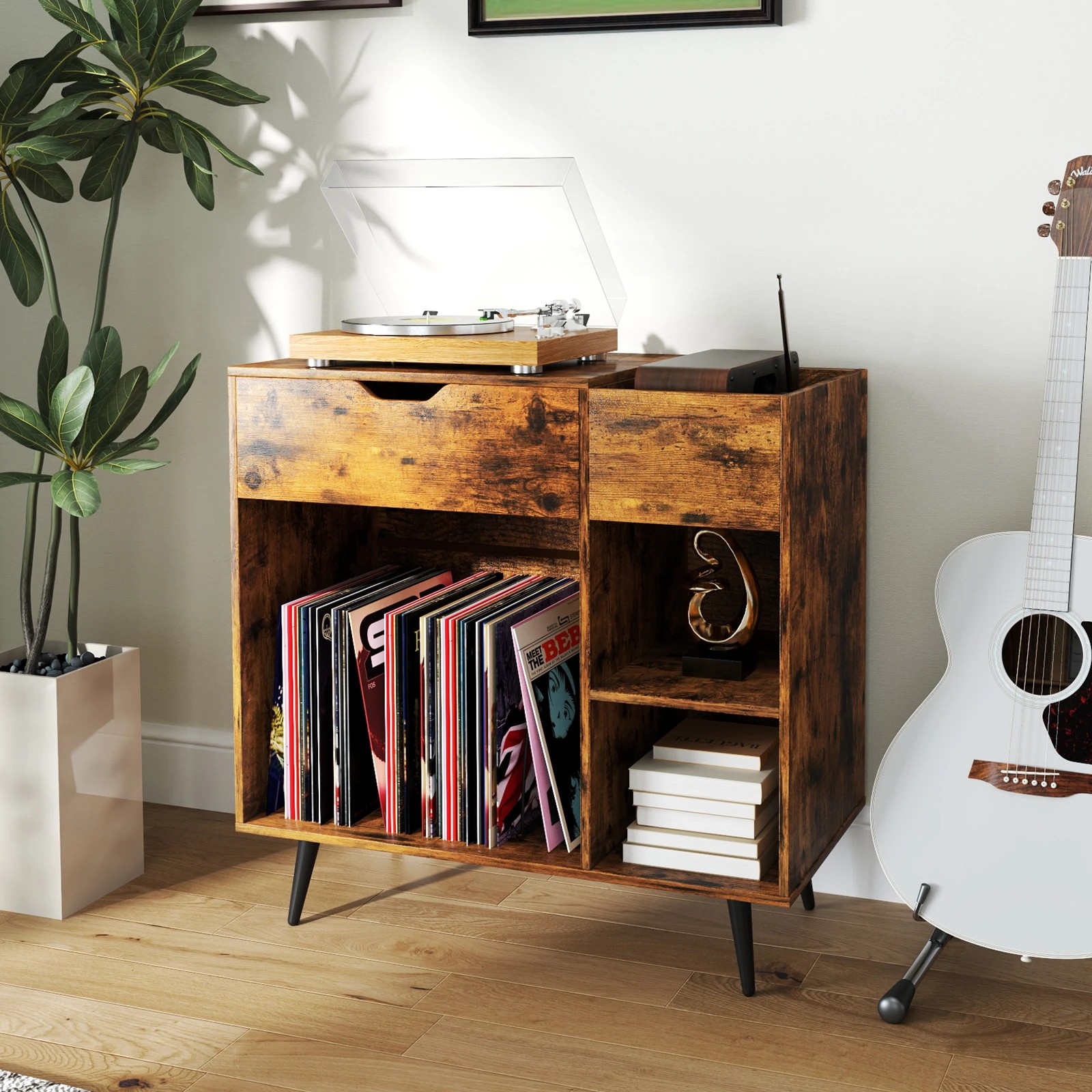 5 Costway Record Player Stand w/Power Outlets Industrial Vinyl Record Storage Cabinet, 5 of 7