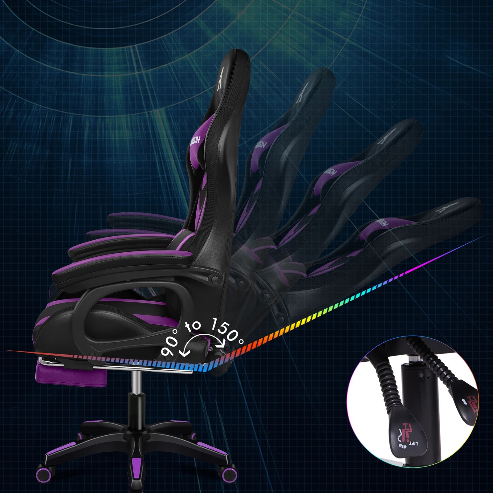 8 Alfordson Gaming Office Chair 12 RGB LED Massage Computer Seat Footrest - Purple, 8 of 10