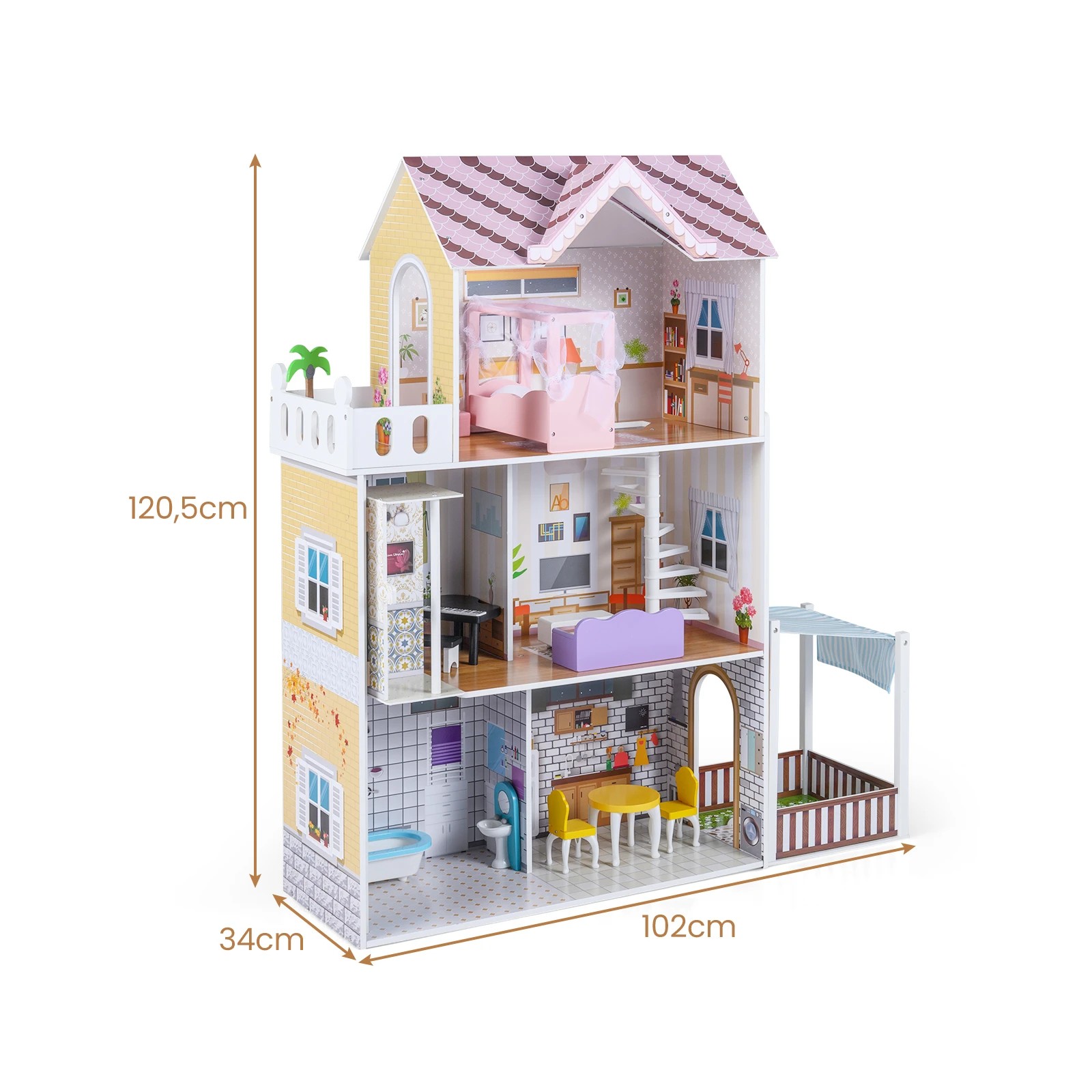 3 Costway 3-Story Pretend Dollhouse Family DIY Play House - Pink, 3 of 3