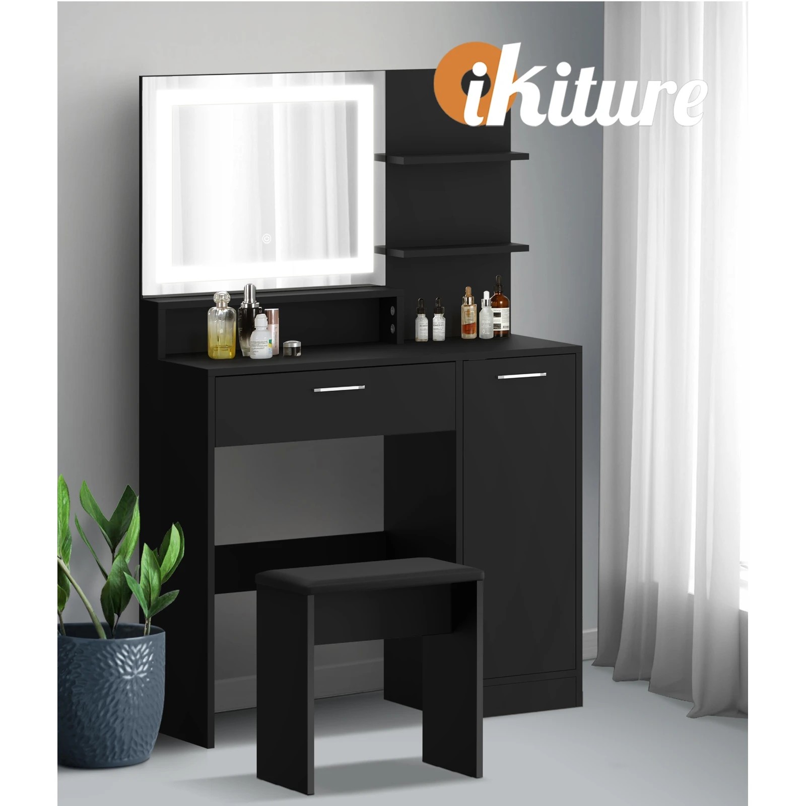 6 Oikiture Dressing Table Stool Set Makeup Mirror Led Light Large Cabinet
 - Black, 6 of 9