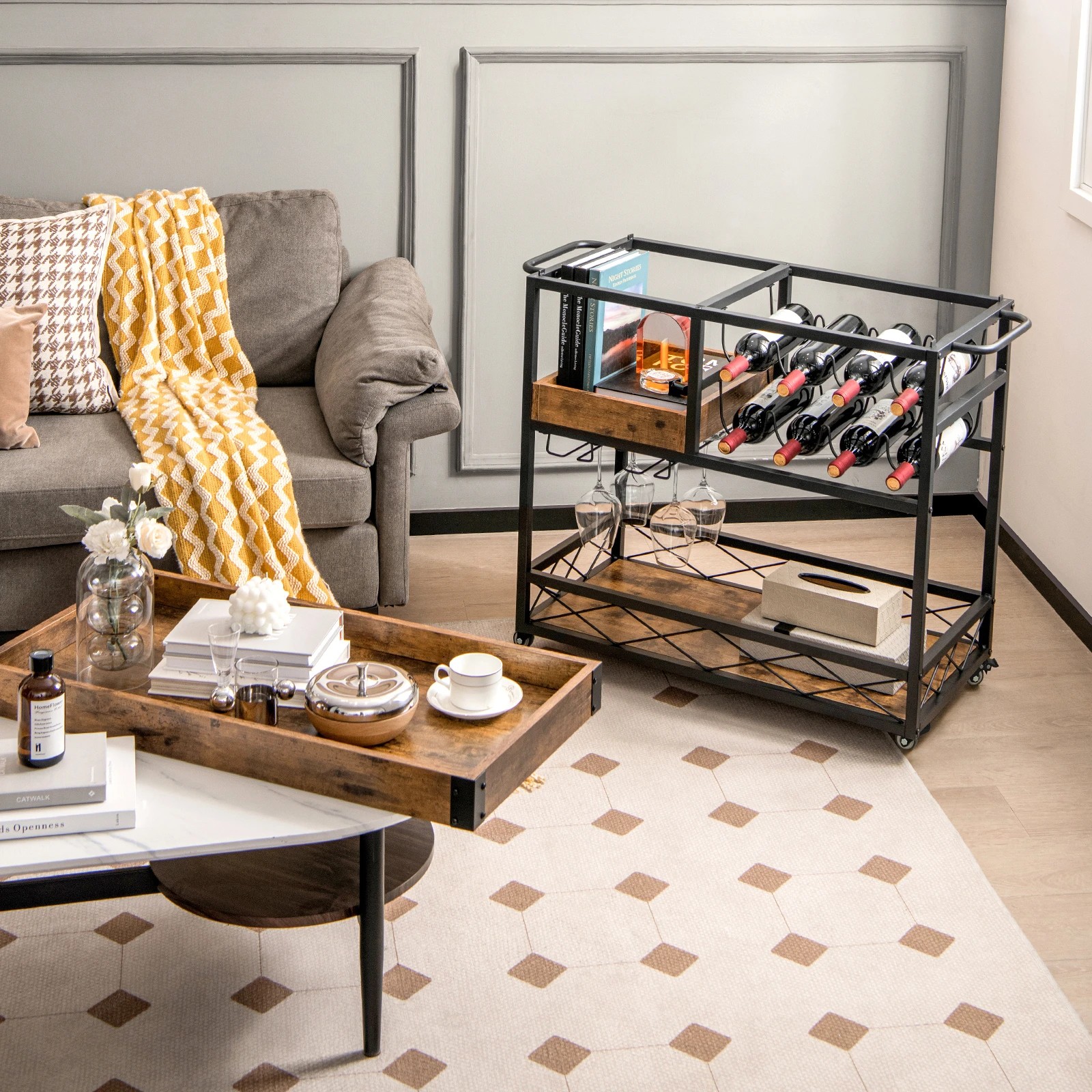 2 Costway 3-Tier Bar Cart Trolley w/Wine Rack, 2 of 5