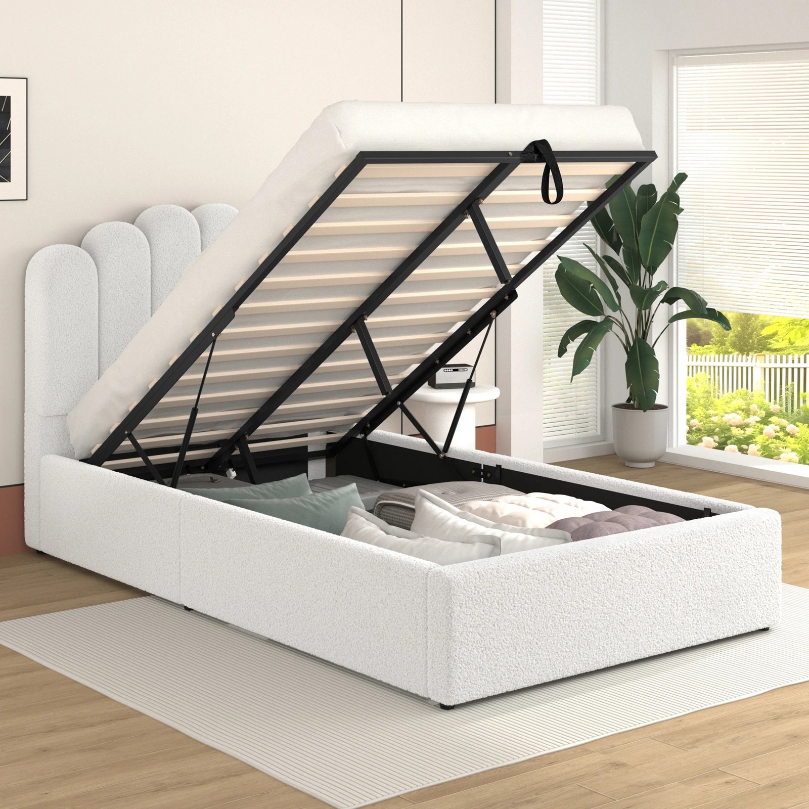 4 Alfordson Bed Frame Single Size Gas Lift Storage Base Wooden Boucle Milton - White, 4 of 10