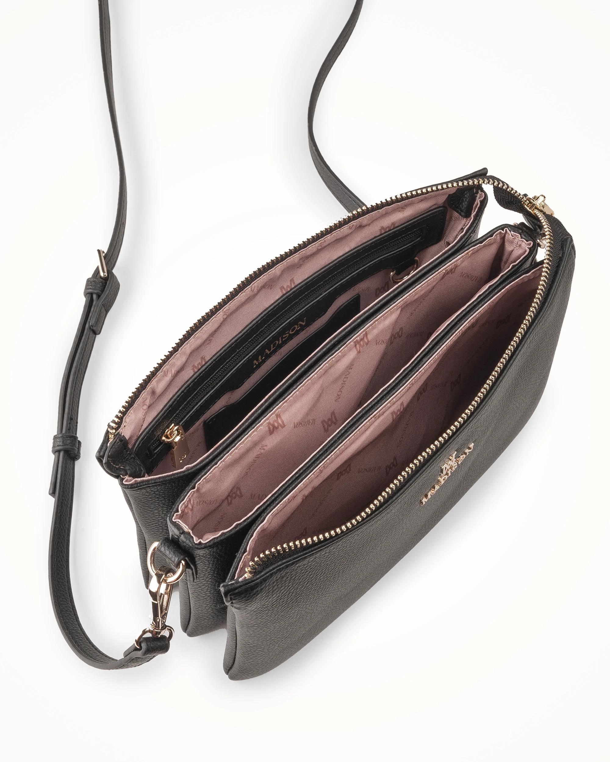 3 Madison Accessories Avery 3 Compartment Crossbody Bag with 2 Straps BLACK LT GOLD, 3 of 7