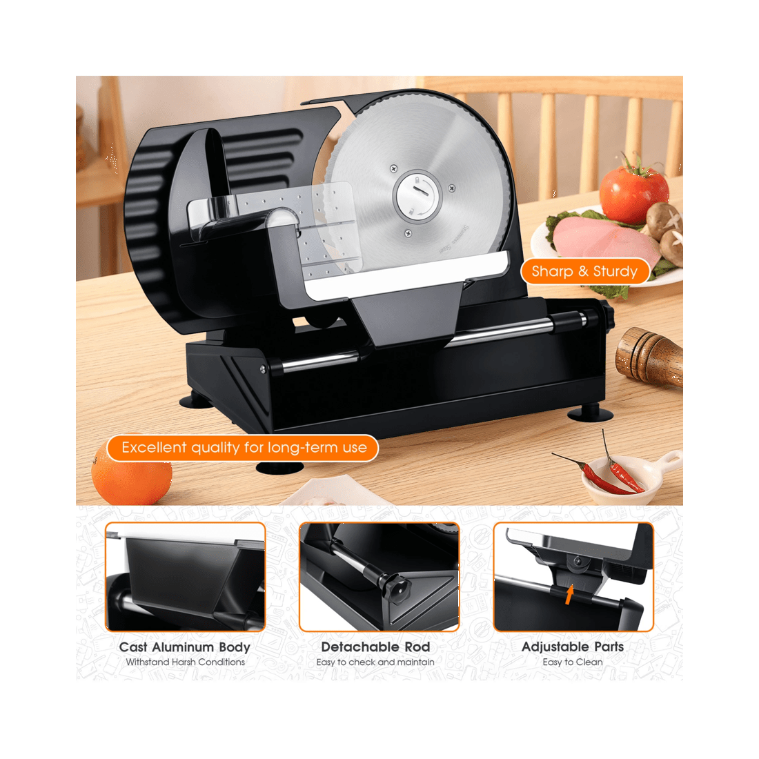 6 Advwin Electric Meat Slicer, 7.5" Food Slicer With Removable Stainless Steel Blade, Thickness Upgraded Meat Slicer, 6 of 7