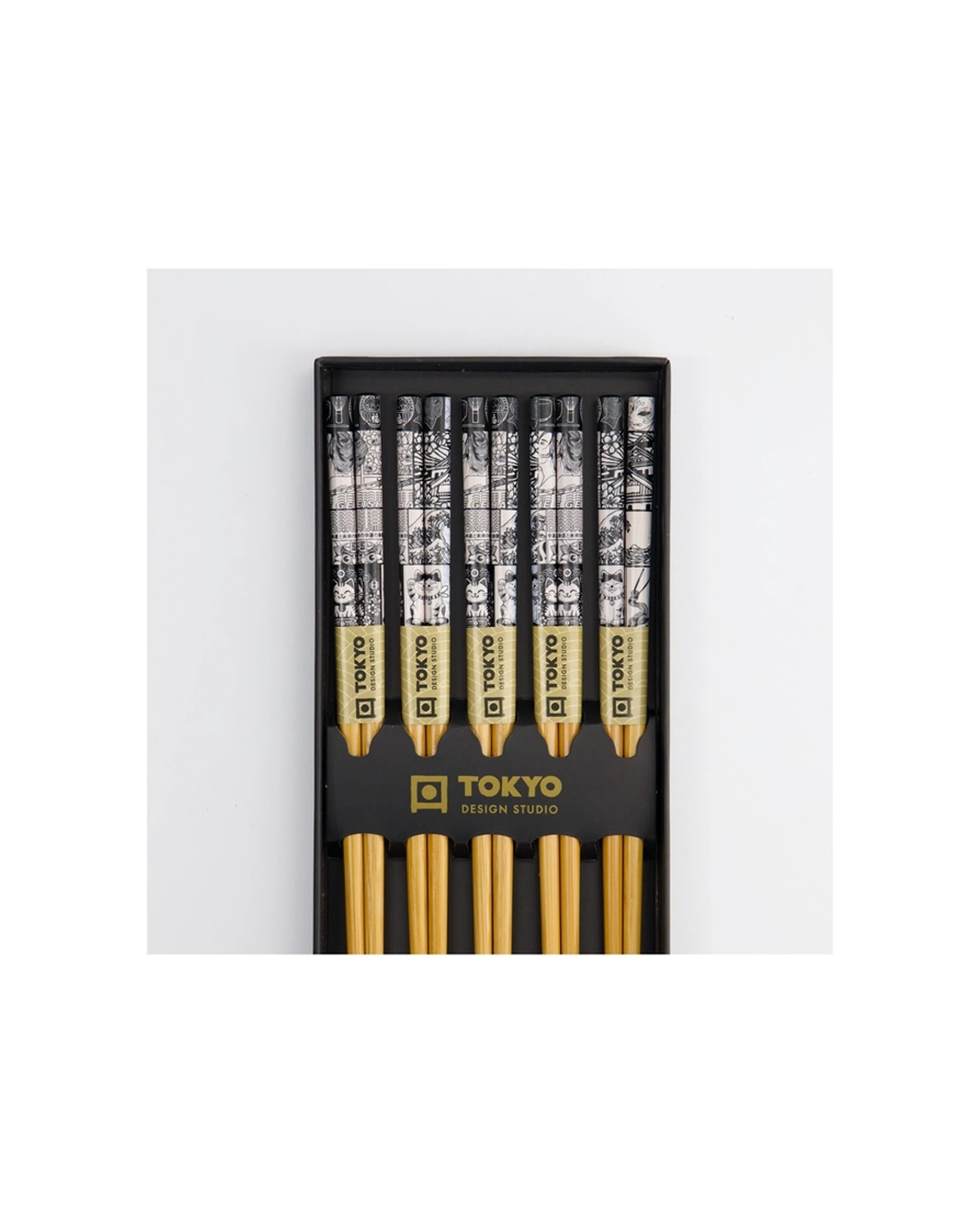 4 Tokyo Design 5pc Chopstick Set Tokyo Fan Lacquered Wood Reusable - Black, 4 of 5
