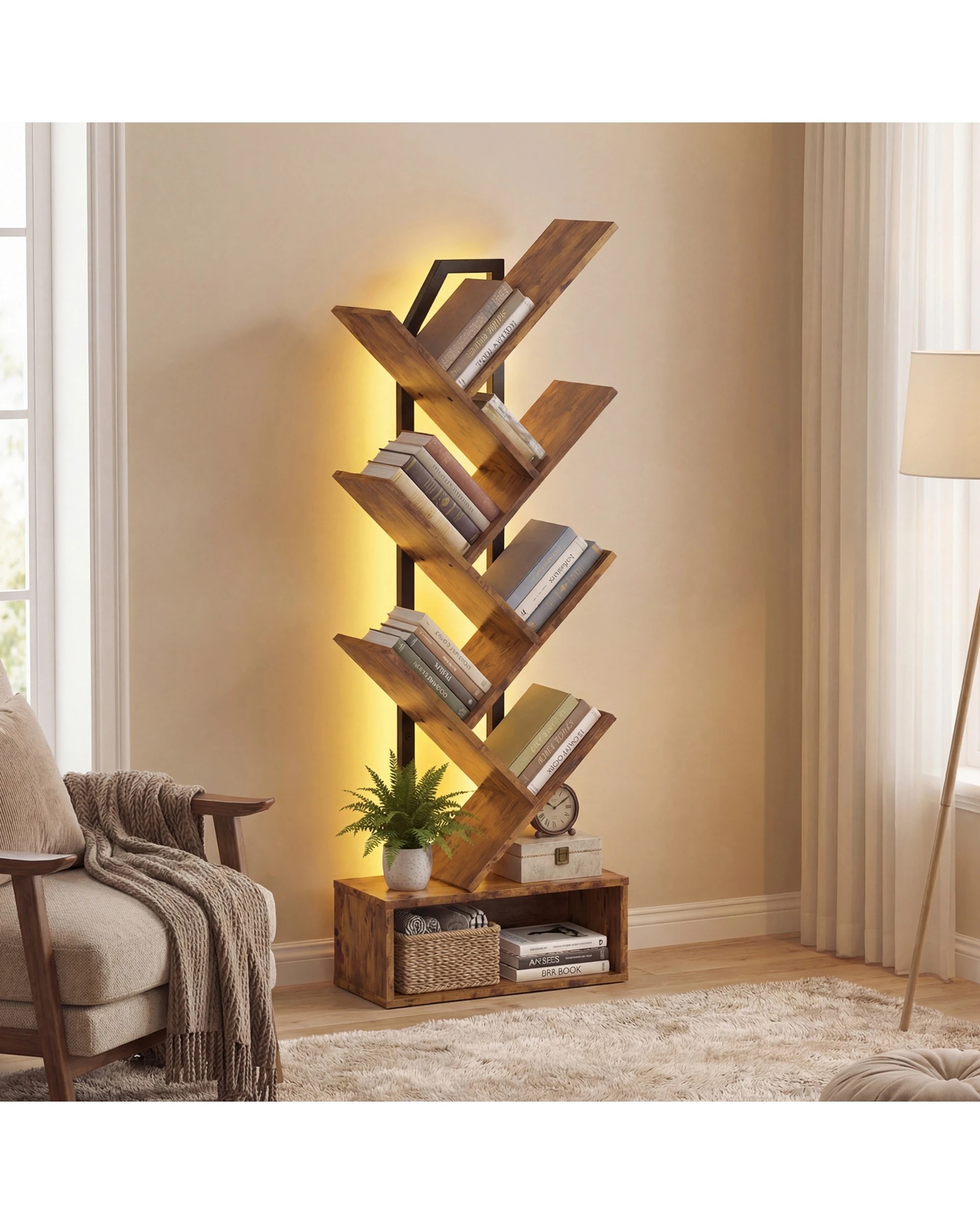2 Advwin Tree Bookshelf with LED Lights 6-Tier Narrow Bookcase - Brown, 2 of 6