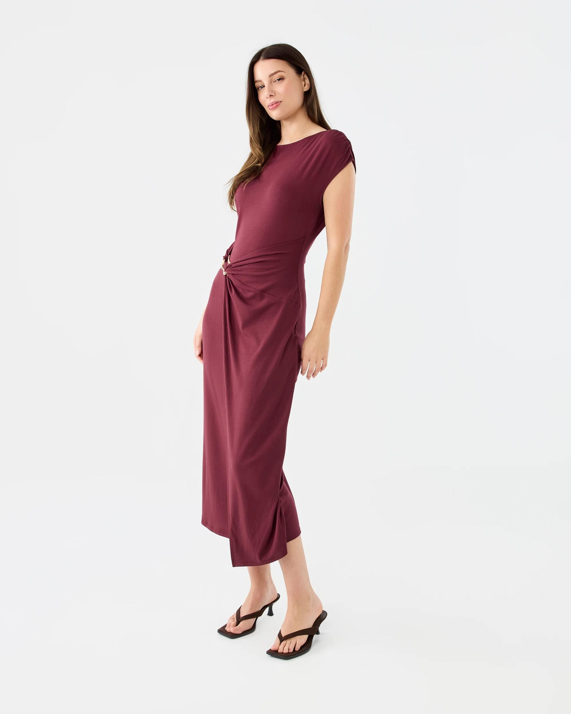 2 Short Sleeve Jersey Gold Detail Midi Dress Cran Juice, 2 of 6