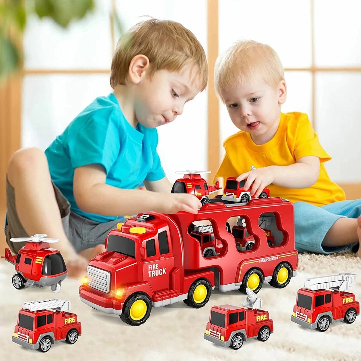 2 AUSWAY 5 In 1 Fire Carrier Truck Toy Car Set Toddler, 2 of 4