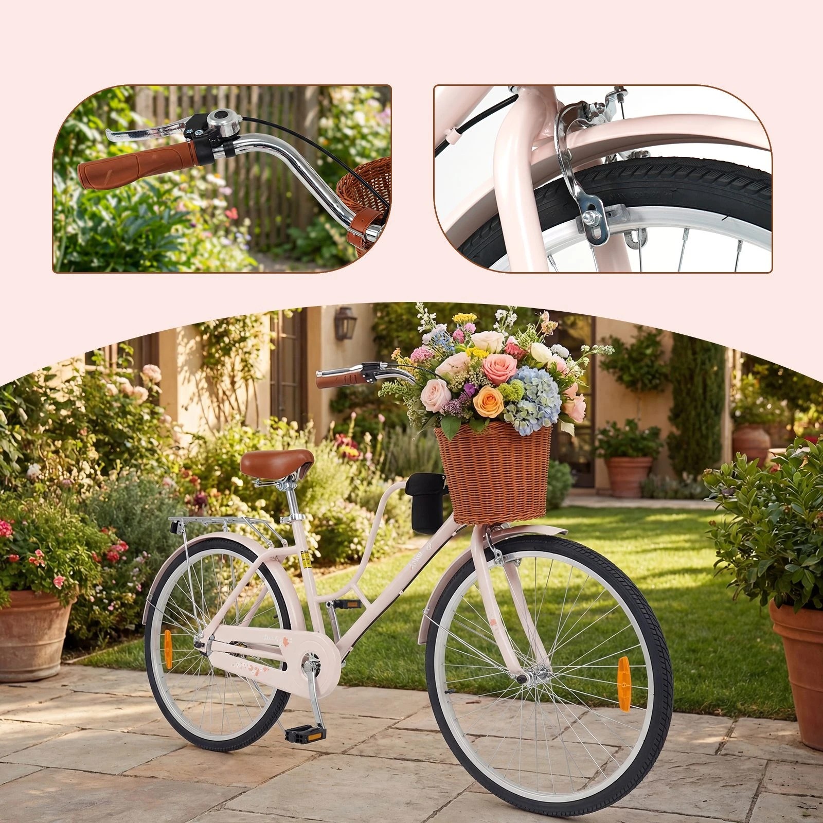 2 Costway 66cm Beach Cruiser Bike Adjustable Commuter Bicycle w/Basket Rear Rack Cup Holder Adult - Pink, 2 of 4