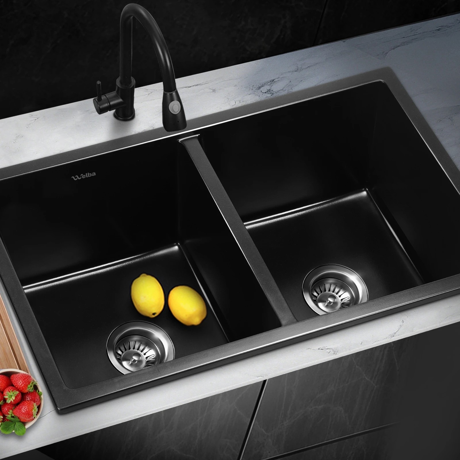 2 Welba Kitchen Sink Basin Granite Stone Laundry Double Bowl 770mmx450mm - Black, 2 of 3