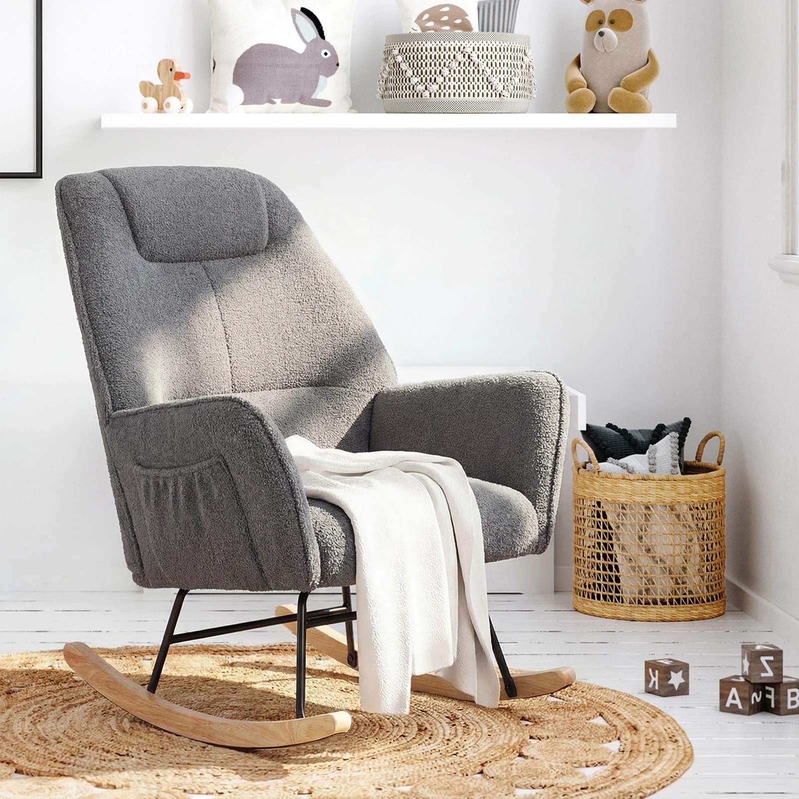 4 Oikiture Rocking Chair Nursing Armchair Sherpa Accent Chairs Upholstered - Grey, 4 of 10