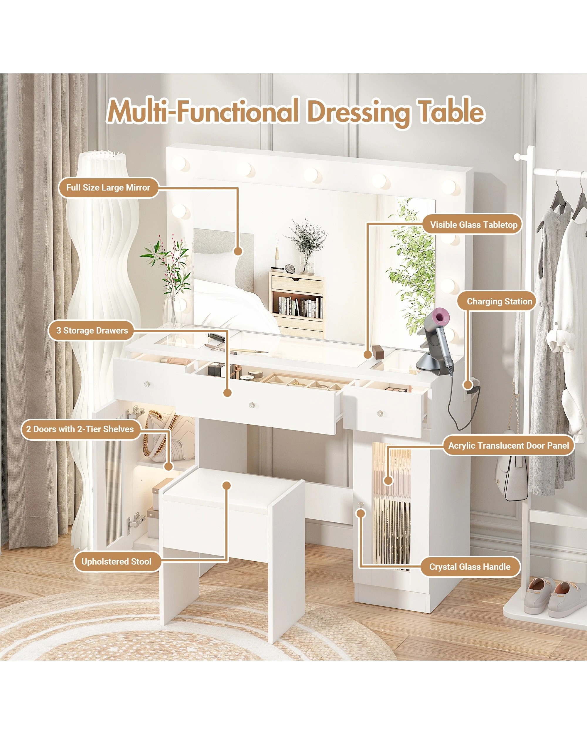 5 Advwin Dressing Table Set with Mirror Glass Top Power Outlet, 5 of 10