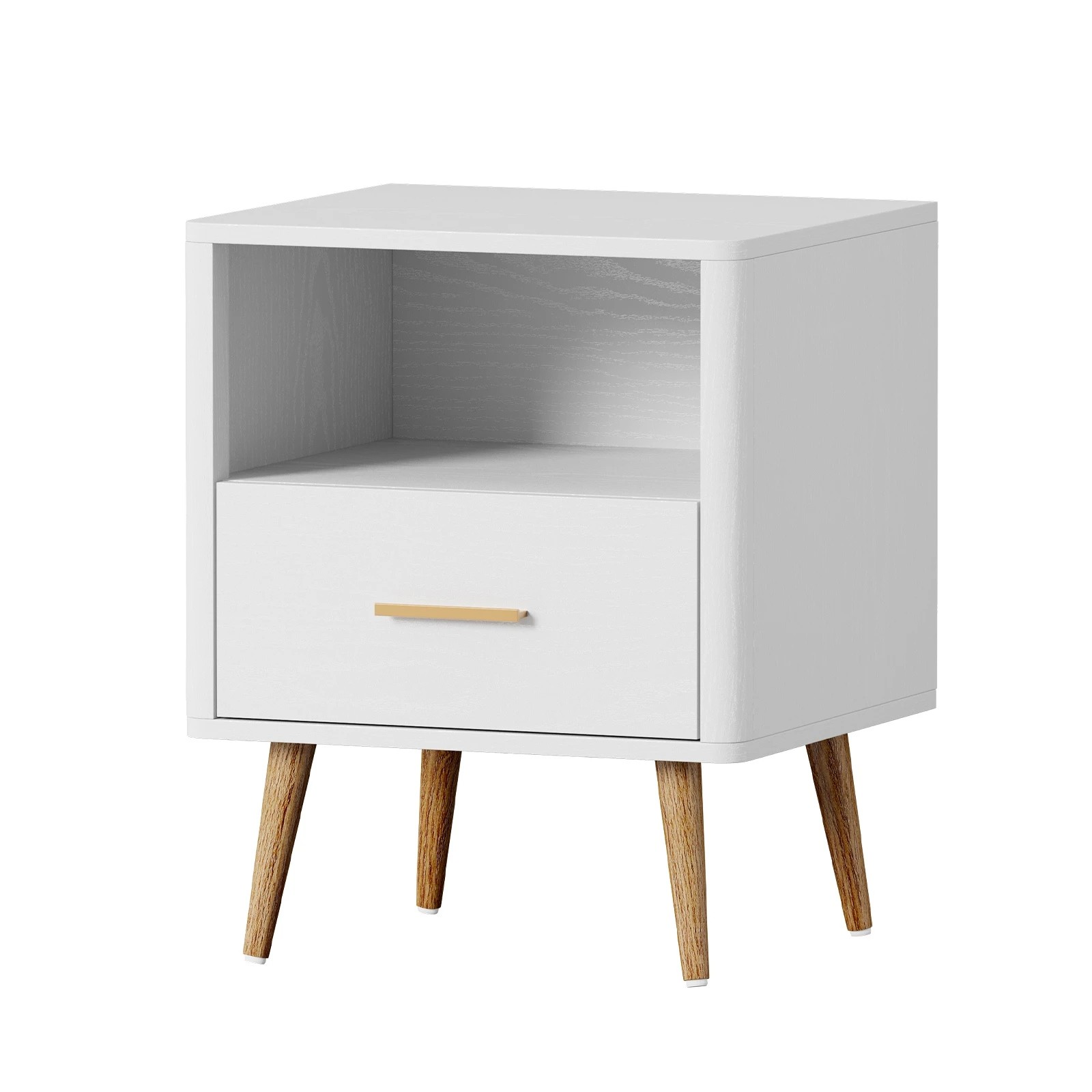 1 Oikiture Bedside Table 1 Drawer Open Shelf Side End Tables Nightstand
 - White, 1 of 10