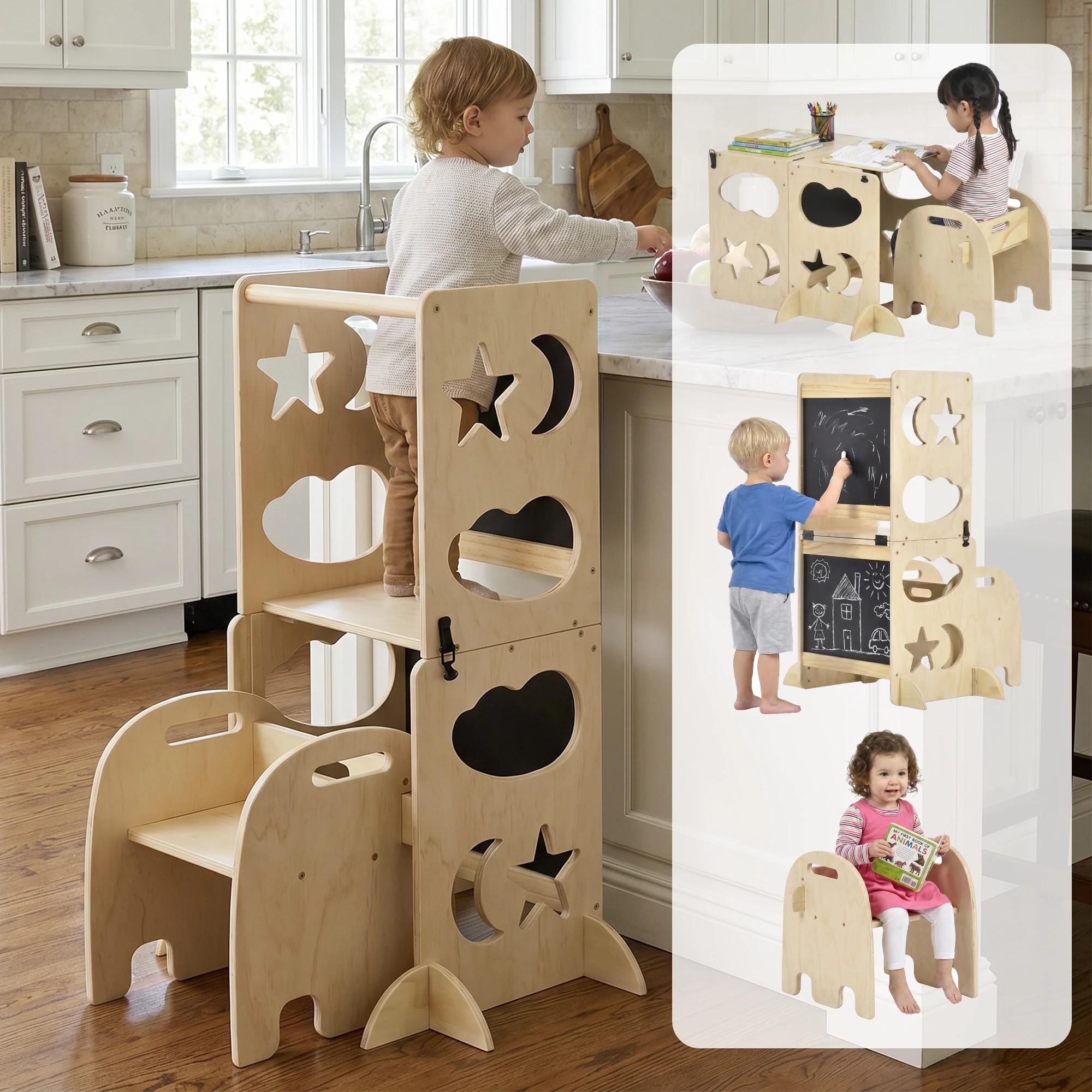 4 Advwin Toddler Kitchen Step Stool Helper w/ Double Blackboard & Safety Rail Foldable Standing Learning Tower - Multi, 4 of 7