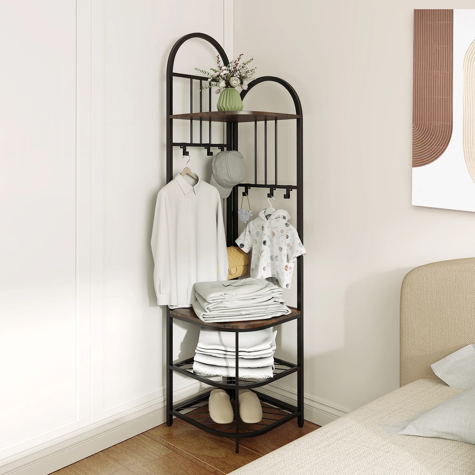 2 Costway 4-Tier Coat Rack 180cm Corner Hall Tree w/Shoe Storage Bench & 6 Removable Hooks - Brown, 2 of 4