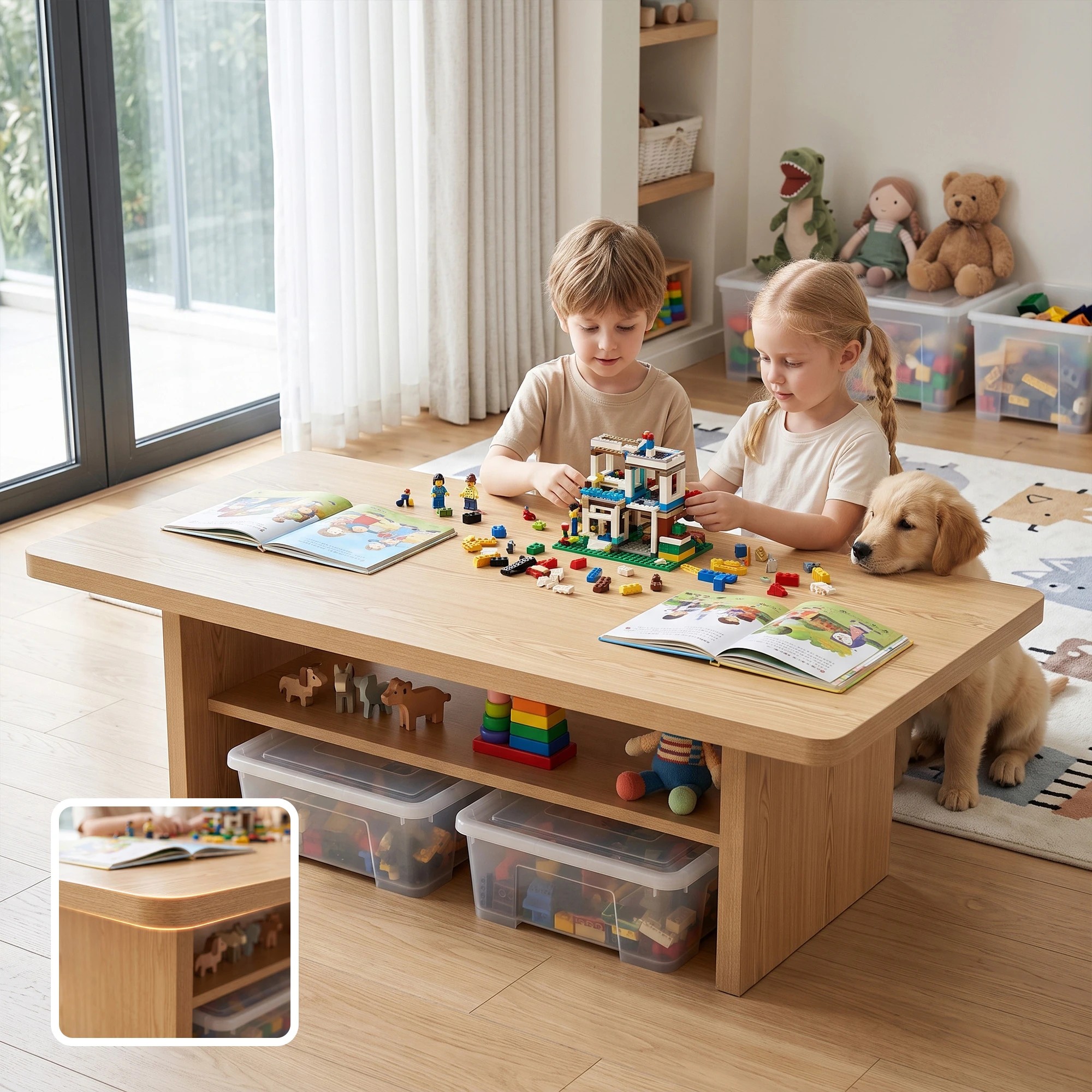 5 Artiss Table 110cm Center Table with 2-Tier Open Storage Shelf Safe Round Corner Wood - Natural, 5 of 7