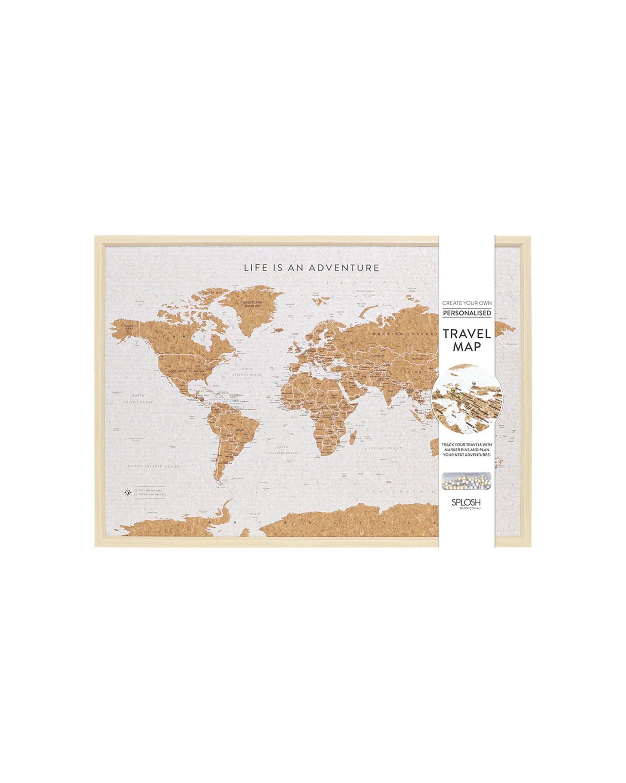1 Splosh Travel Framed Cork Board World Map Wall Decor With Hook Pins & Stand Large 93.5cm - Multi, 1 of 3