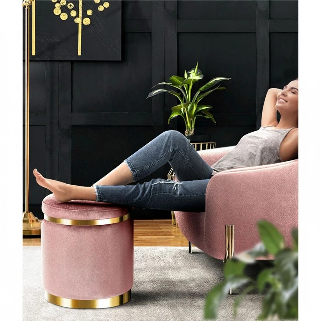 3 Artiss Ottoman Foot Stool Round Velvet - Pink, 3 of 5