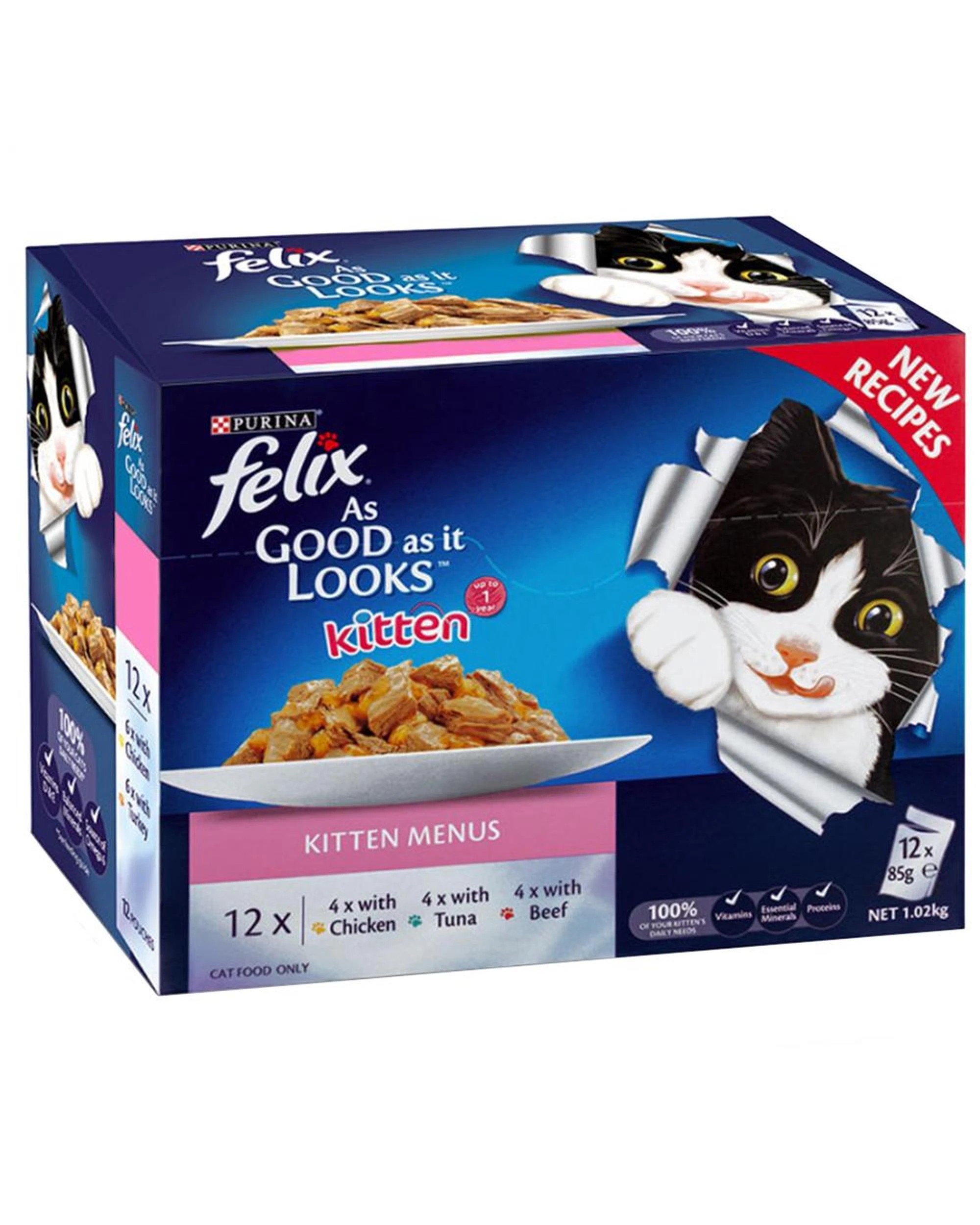 1 Felix Kitten Menus Cat Food Chicken Tuna Beef 85g x 12, 1 of 1