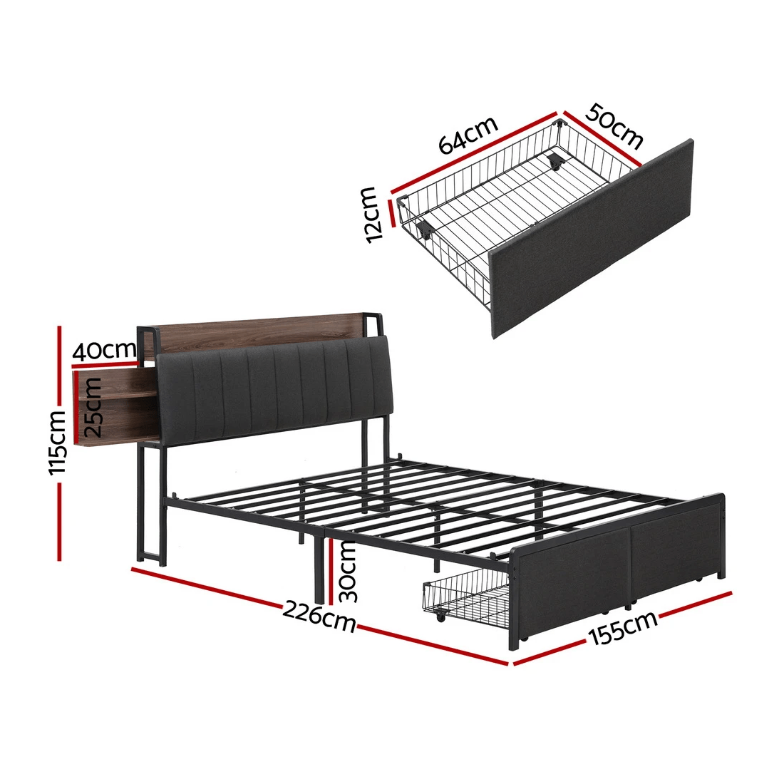 2 Artiss Metal Bed Frame Queen Size with 2-Tier Hidden Storage with Charging Station - Grey, 2 of 2