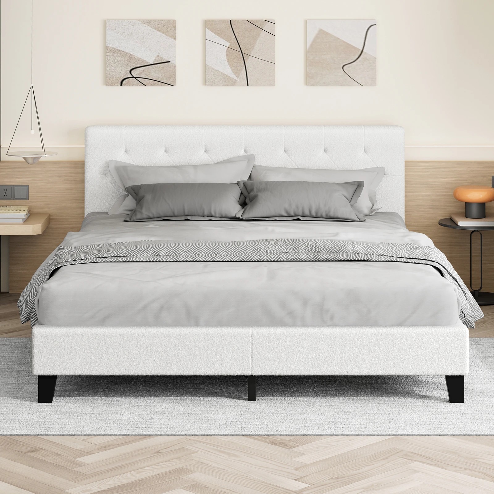 3 Alfordson Bed Frame King Size Wooden Base Platform Boucle Madelyn - White, 3 of 10