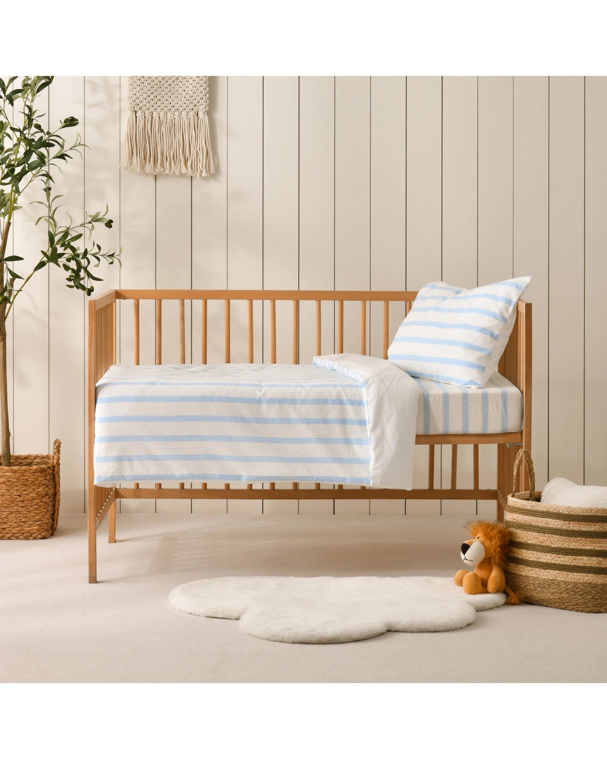 6 Dreamaker Baby Bask Washed Cotton Yarn Dyed Stripe Quilt Cover Set - COT Size - Sky, 6 of 7