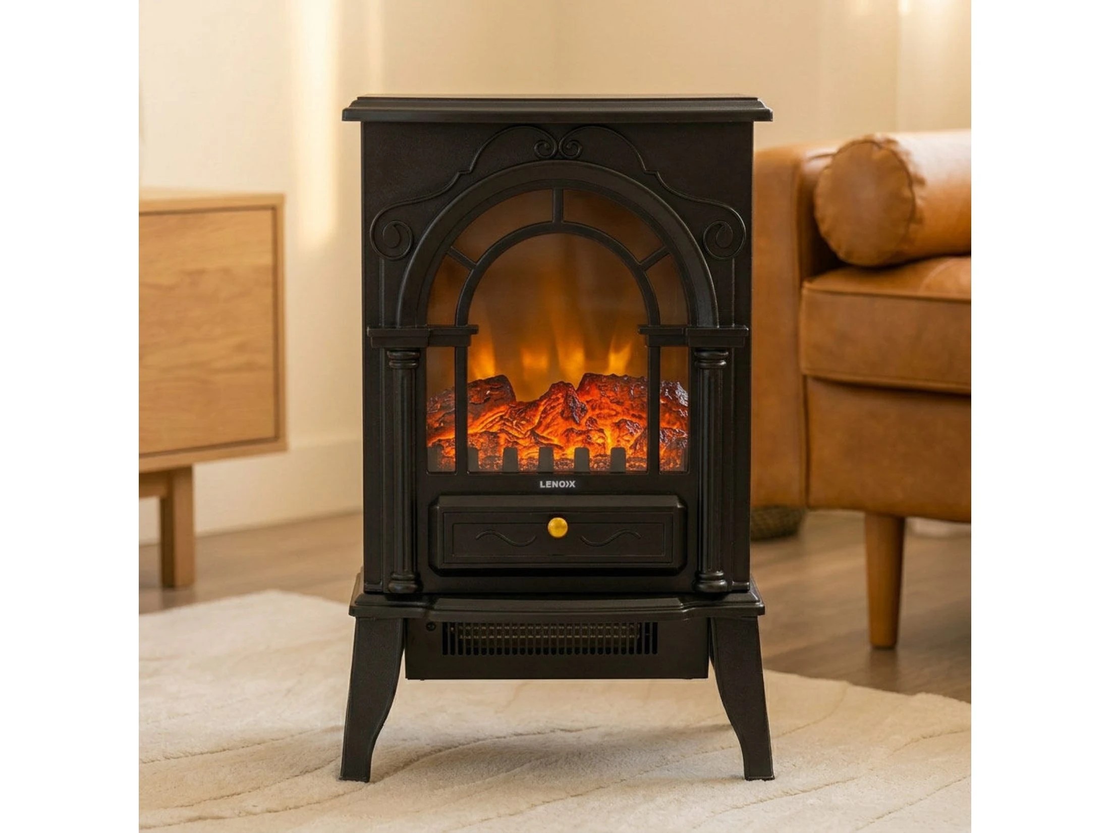 8 Lenoxx Electric 1000W to 2000W Freestanding Fireplace Heater with Panoramic 3 Sided Glass Design, 8 of 8