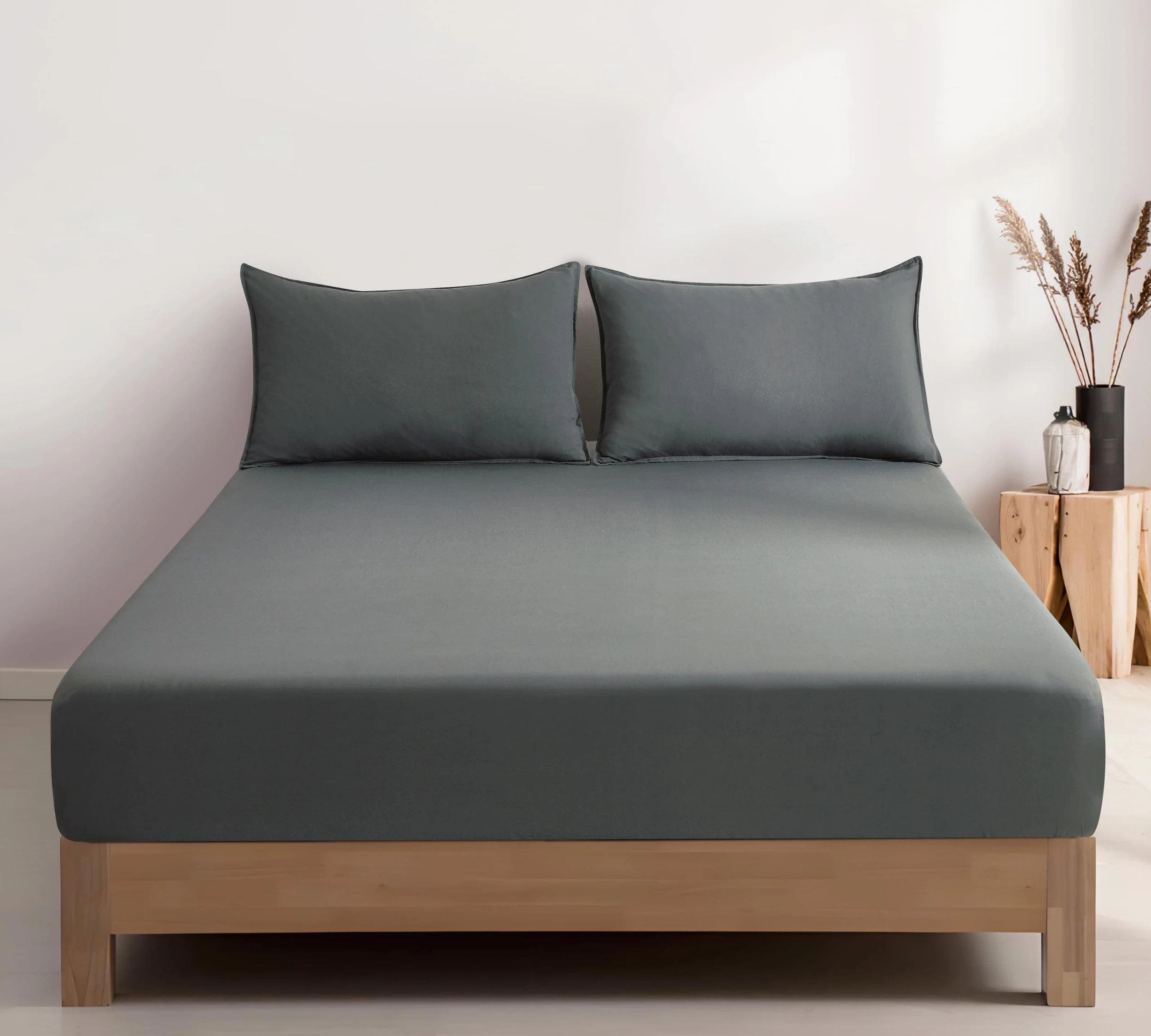 1 CleverPolly 100% Vintage Washed Microfibre Fitted Sheet Set - Queen Bed - Grey, 1 of 5
