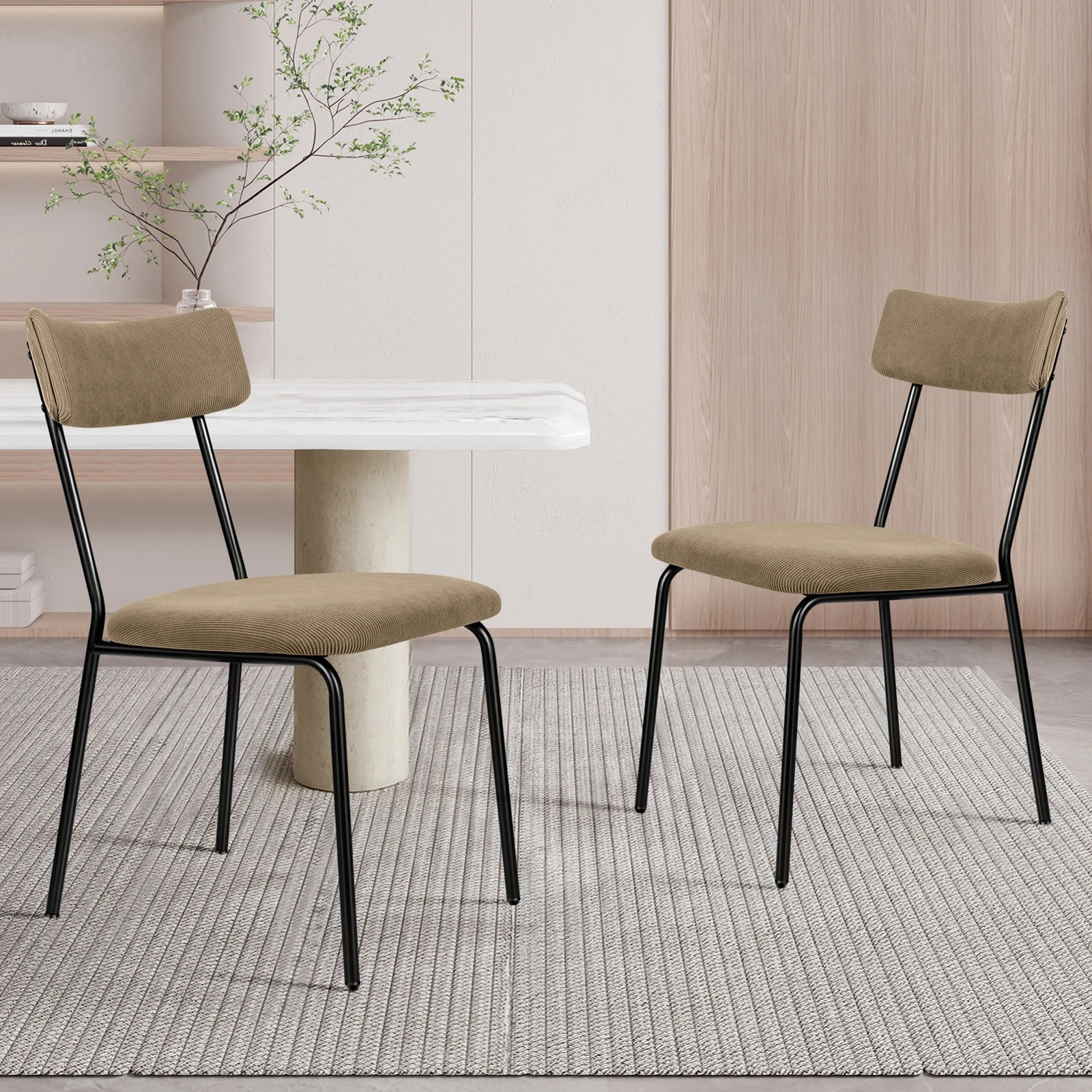 2 Alfordson 2x Dining Chairs Accent Kitchen Lounge Curved Backrest Corduroy - Khaki, 2 of 10