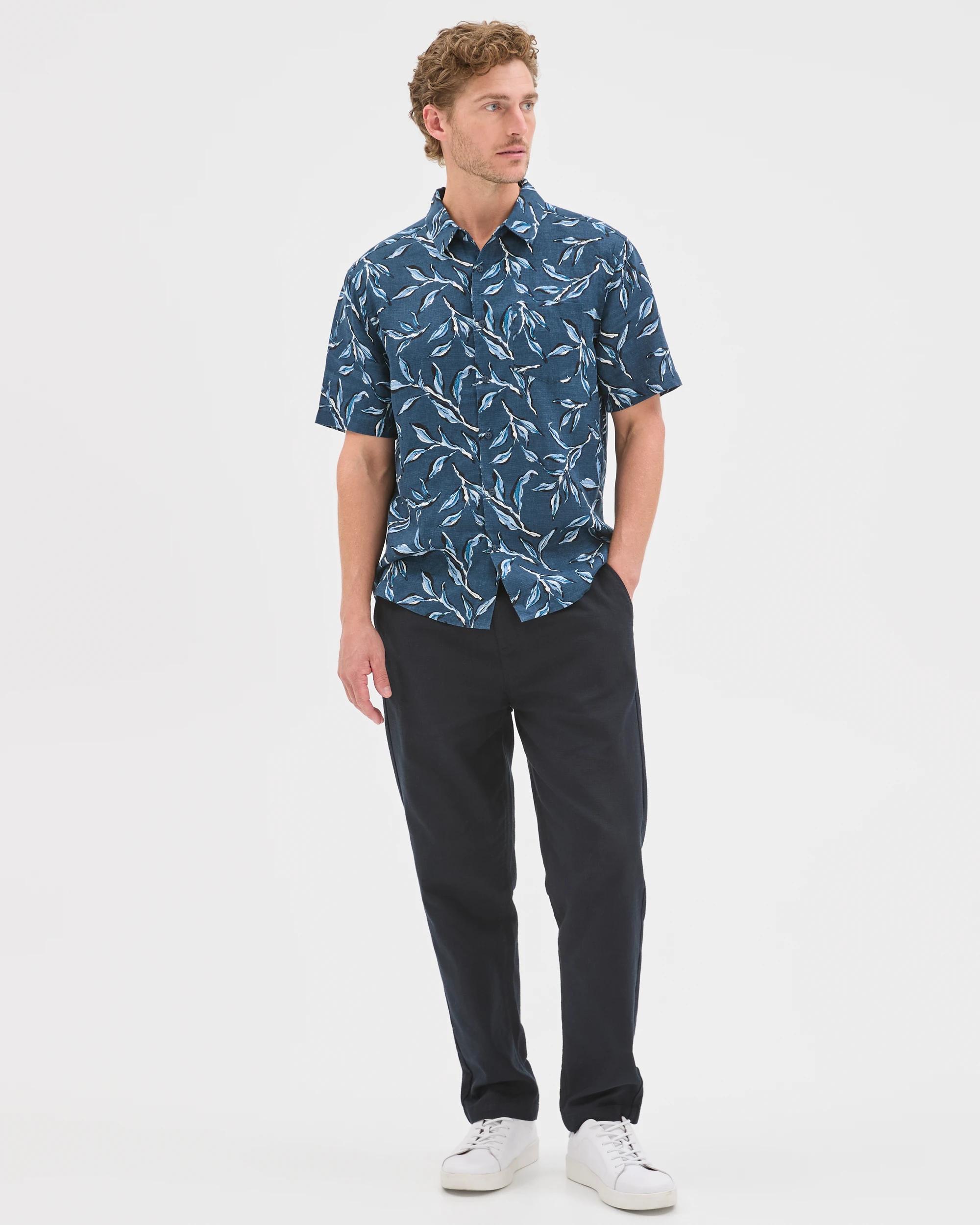 2 Target Man European Linen Short Sleeve Printed Shirt NAVY, 2 of 7