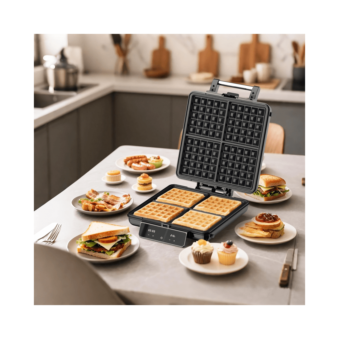 6 Advwin 4-in-1 Waffle Maker With Removable Plates, Sandwich Maker With Led Display, Touchscreen Timer, 6 of 7