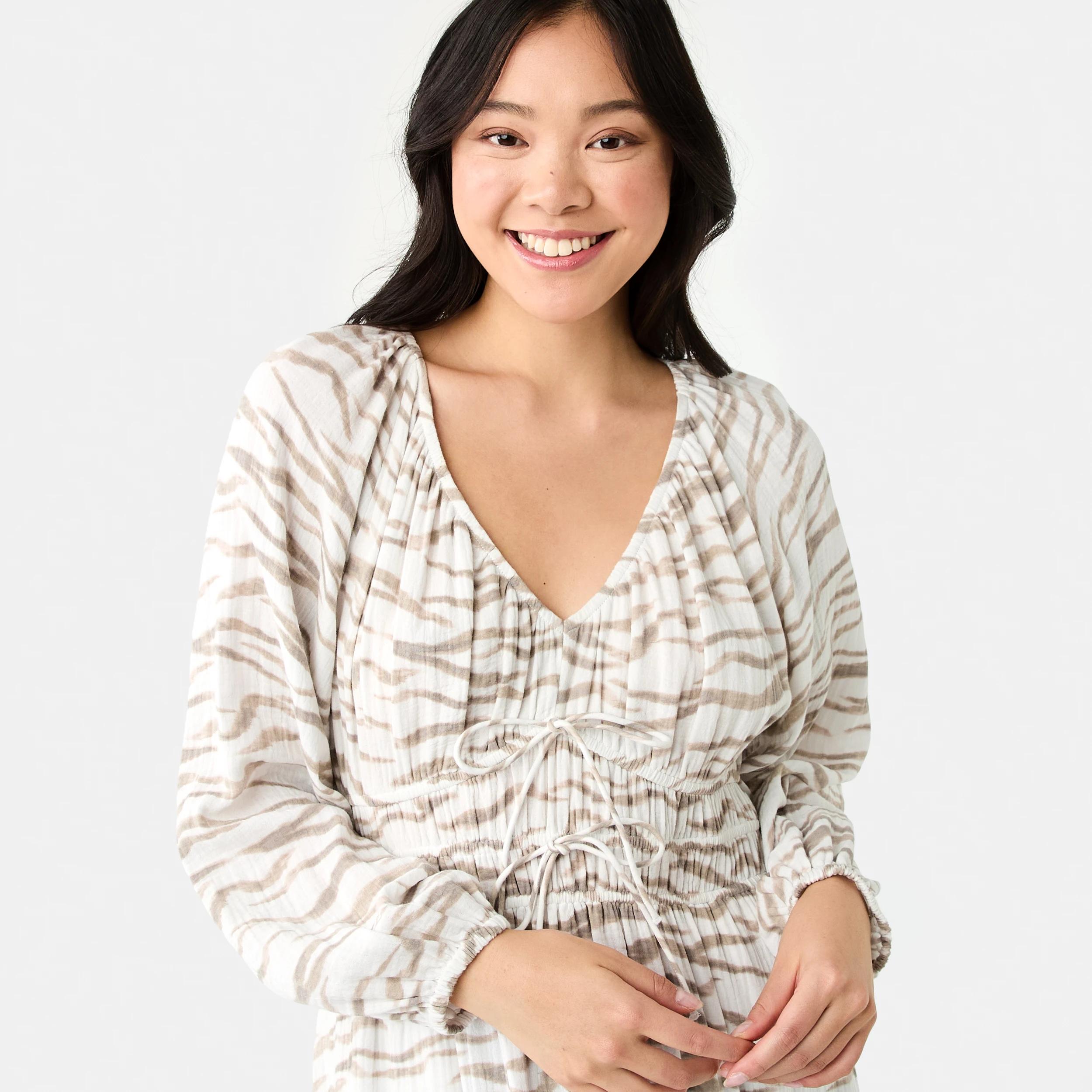 5 Long Sleeve Shirred Detail Midi Dress SOFT ZEBRA CLOUD DANCER, 5 of 8