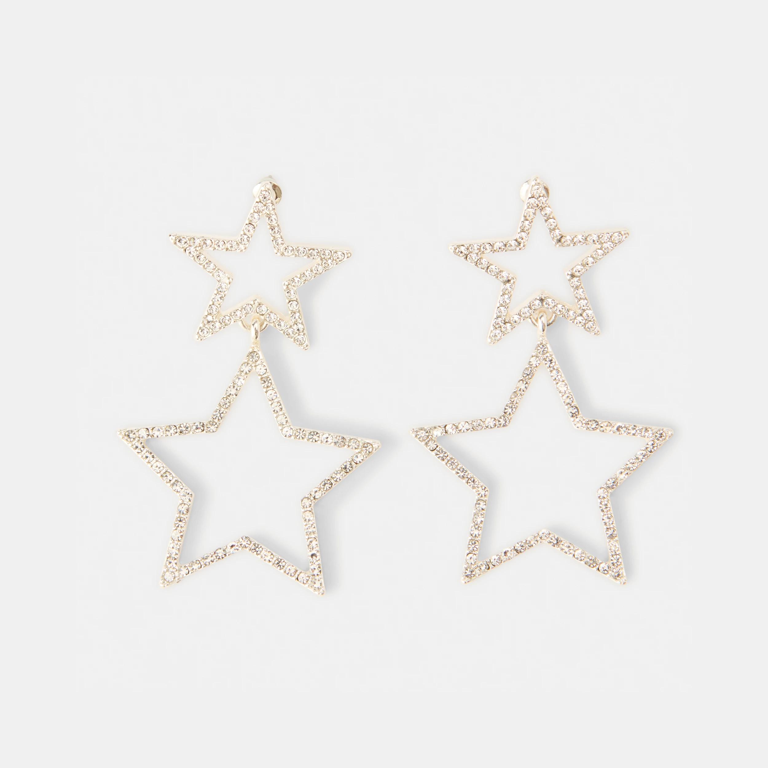 1 Double Star Diamante Drop Earrings - Silver Tone Silver, 1 of 3