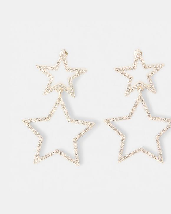 Double Star Diamante Drop Earrings - Silver Tone