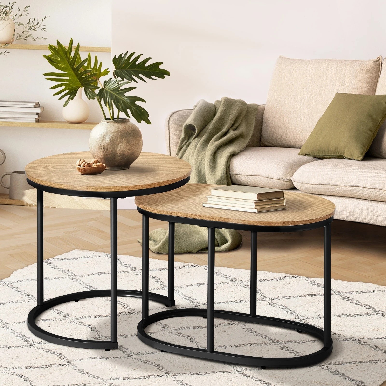 3 Oikiture Set of 2 Coffee Table Round Oval Nesting Side End Tables - Natural, 3 of 9