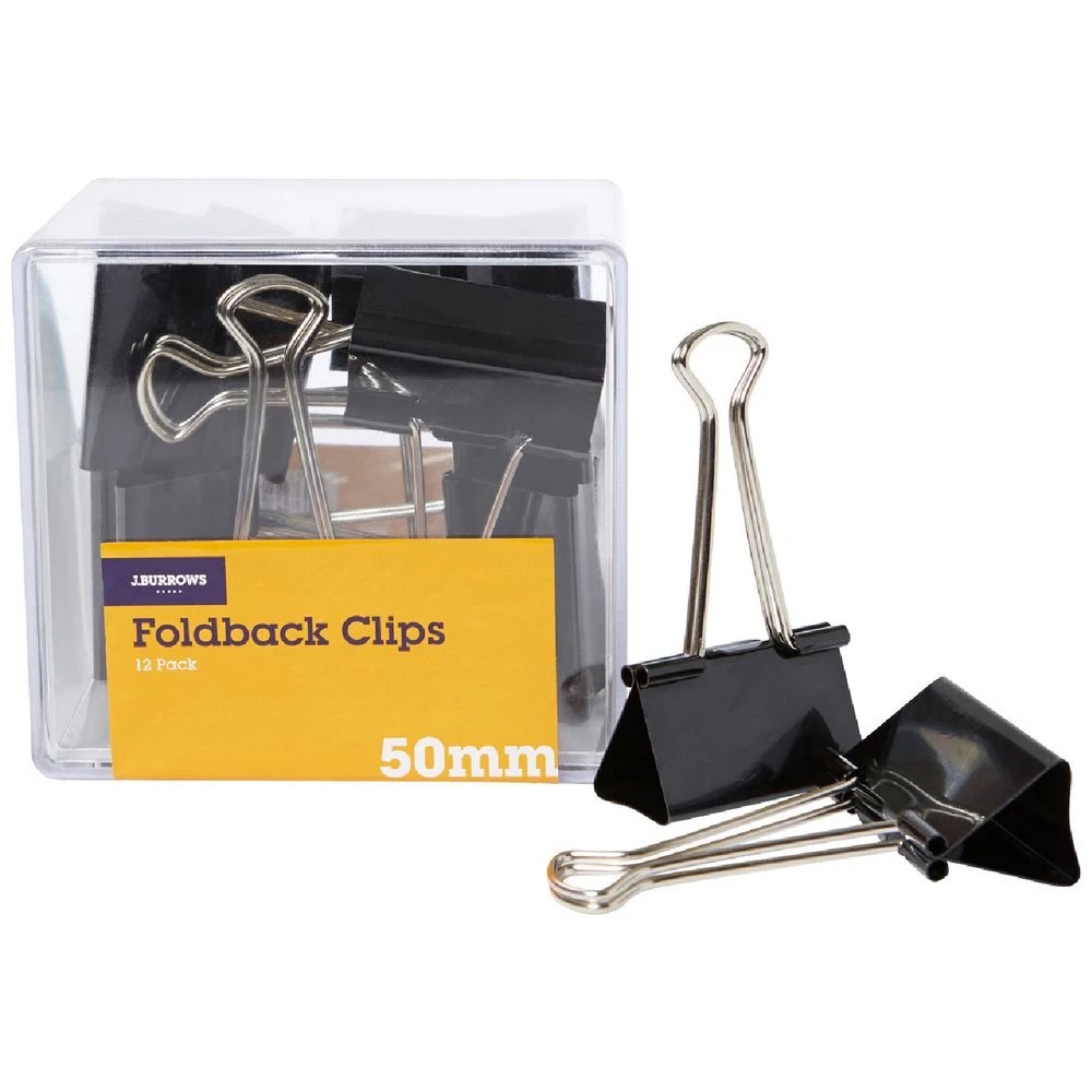 1 J.Burrows 50mm Foldback Clips 12 Pack, 1 of 3