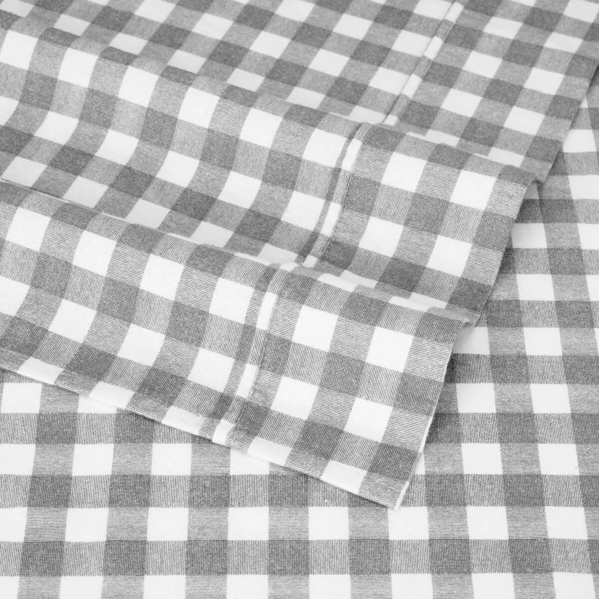 4 Gingham Cotton Flannelette Sheet Set - Single Bed, Grey, 4 of 7