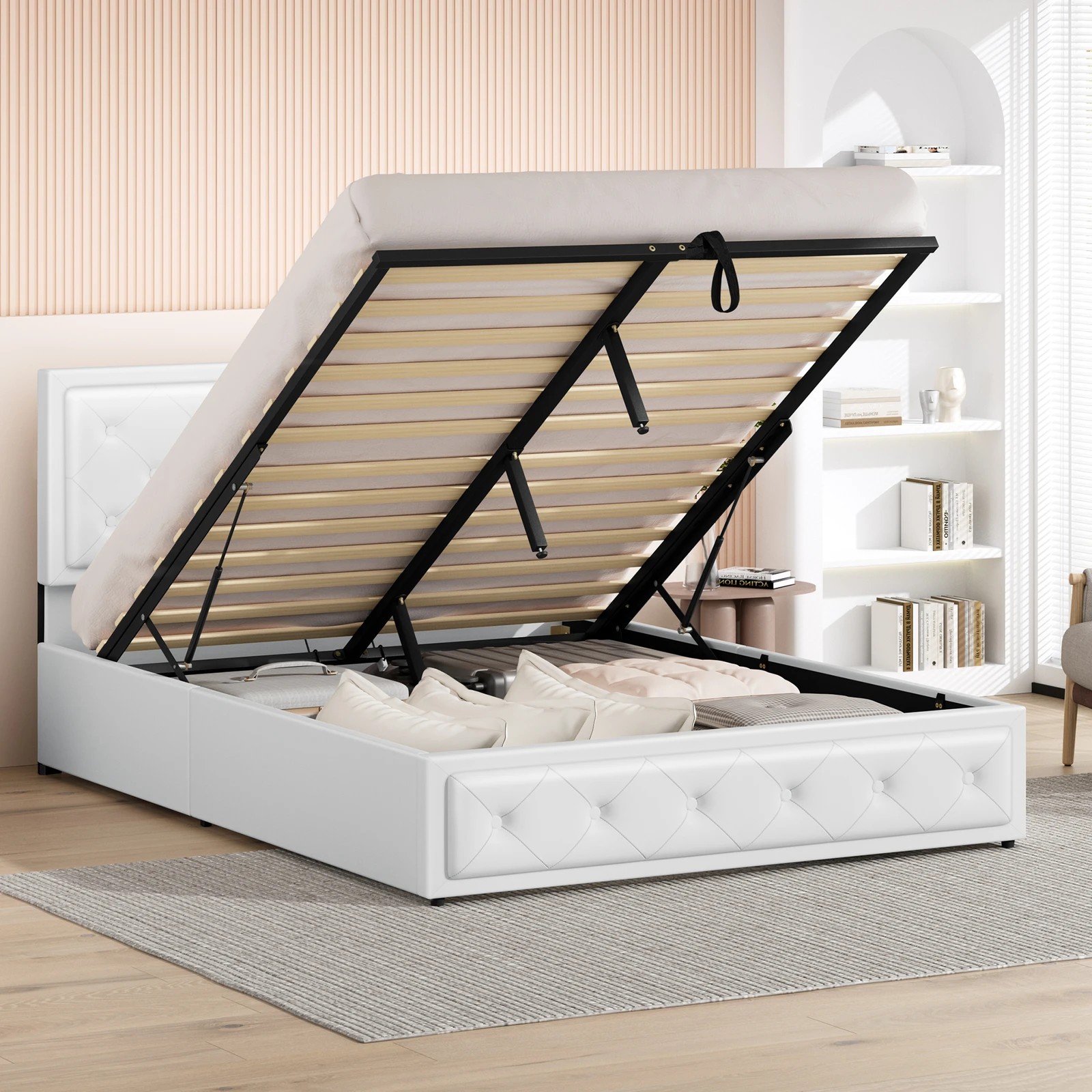 4 Alfordson Bed Frame Double Size Gas Lift Storage Mattress Base Leather Dinana - White, 4 of 10