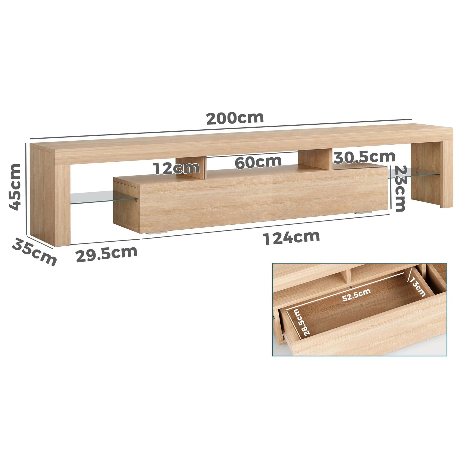 2 Alfordson Entertainment Unit 200cm TV Stand LED Light Storage Drawer - Oak, 2 of 10