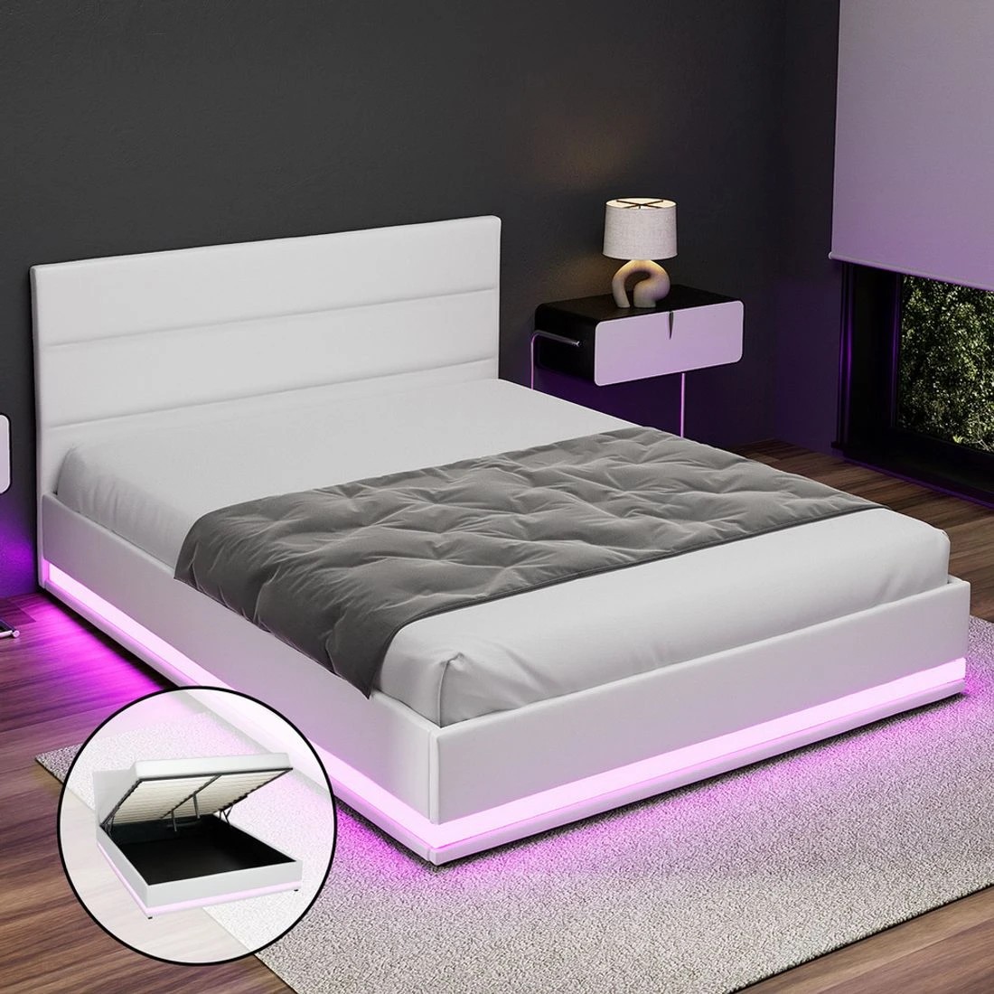 1 Artiss Bed Frame Queen Size Led Gas Lift
 - White, 1 of 7
