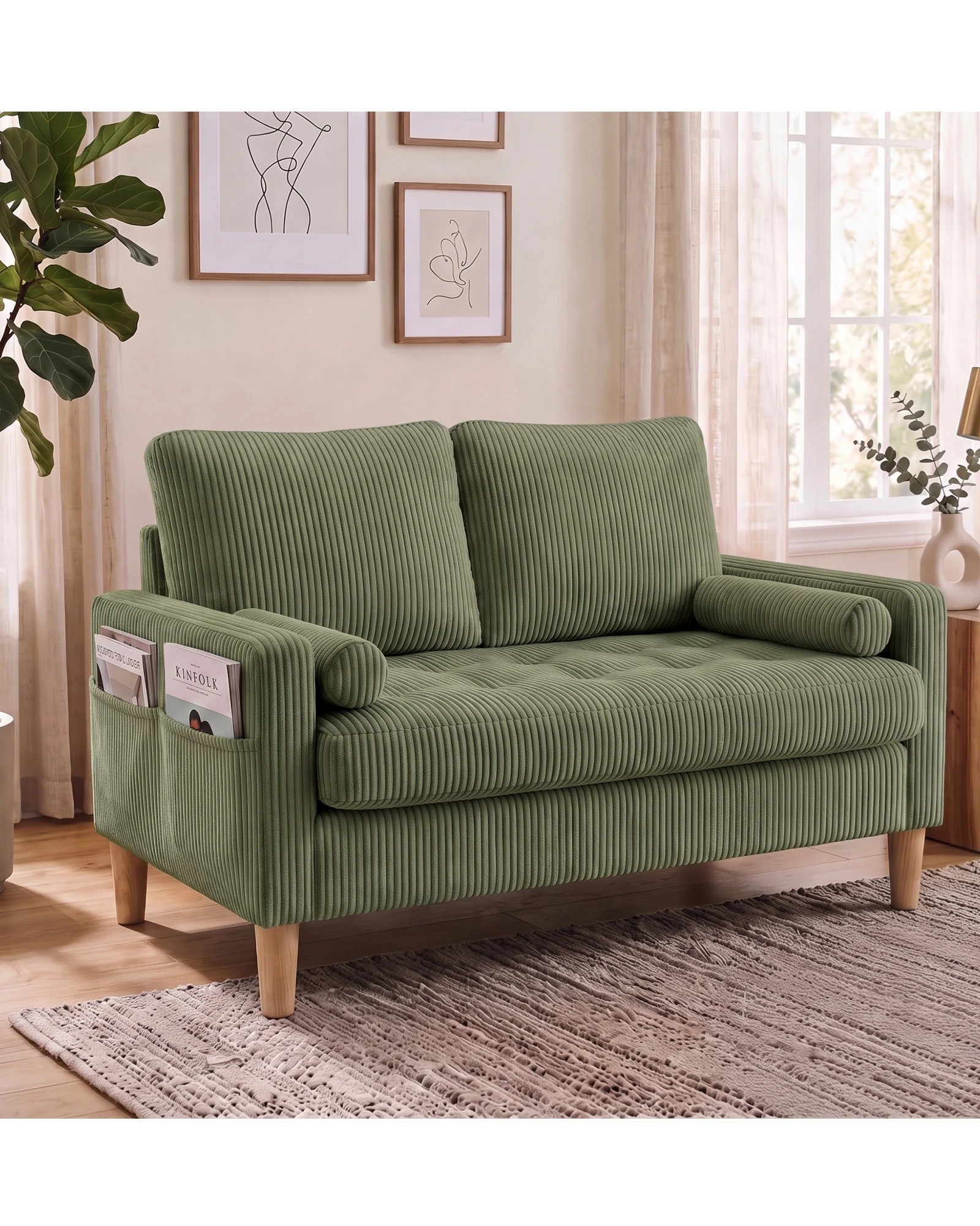 1 Advwin 121CM 2 Seater Loveseat Sofa Compact Corduroy Couch with Tufted Seat Cushion and Side Storage Pockets - Green, 1 of 8