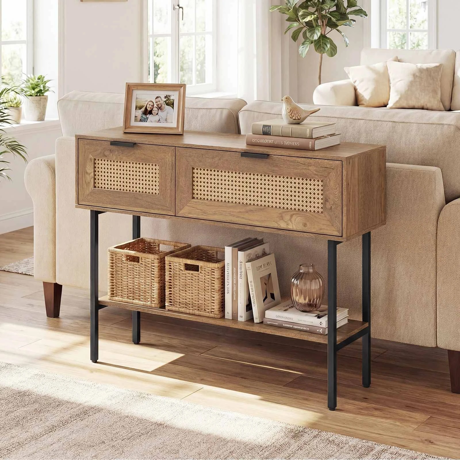 3 Costway Rattan Console Table w/Flip Doors Boho Sofa Side Table - Natural, 3 of 5