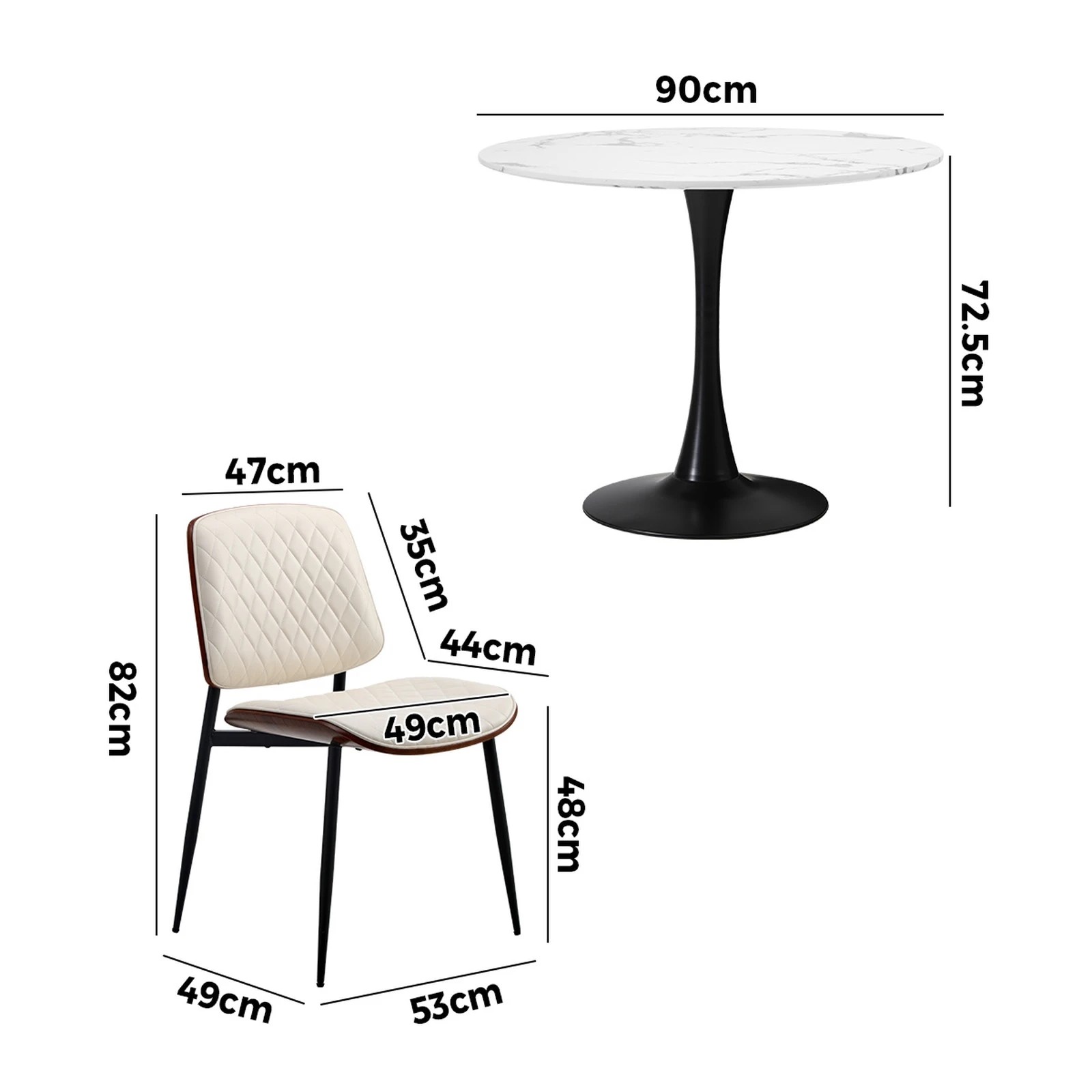 2 Oikiture Dining Table Set 90cm Round Dining Table and Chairs PU Leather -White&Black, 2 of 9