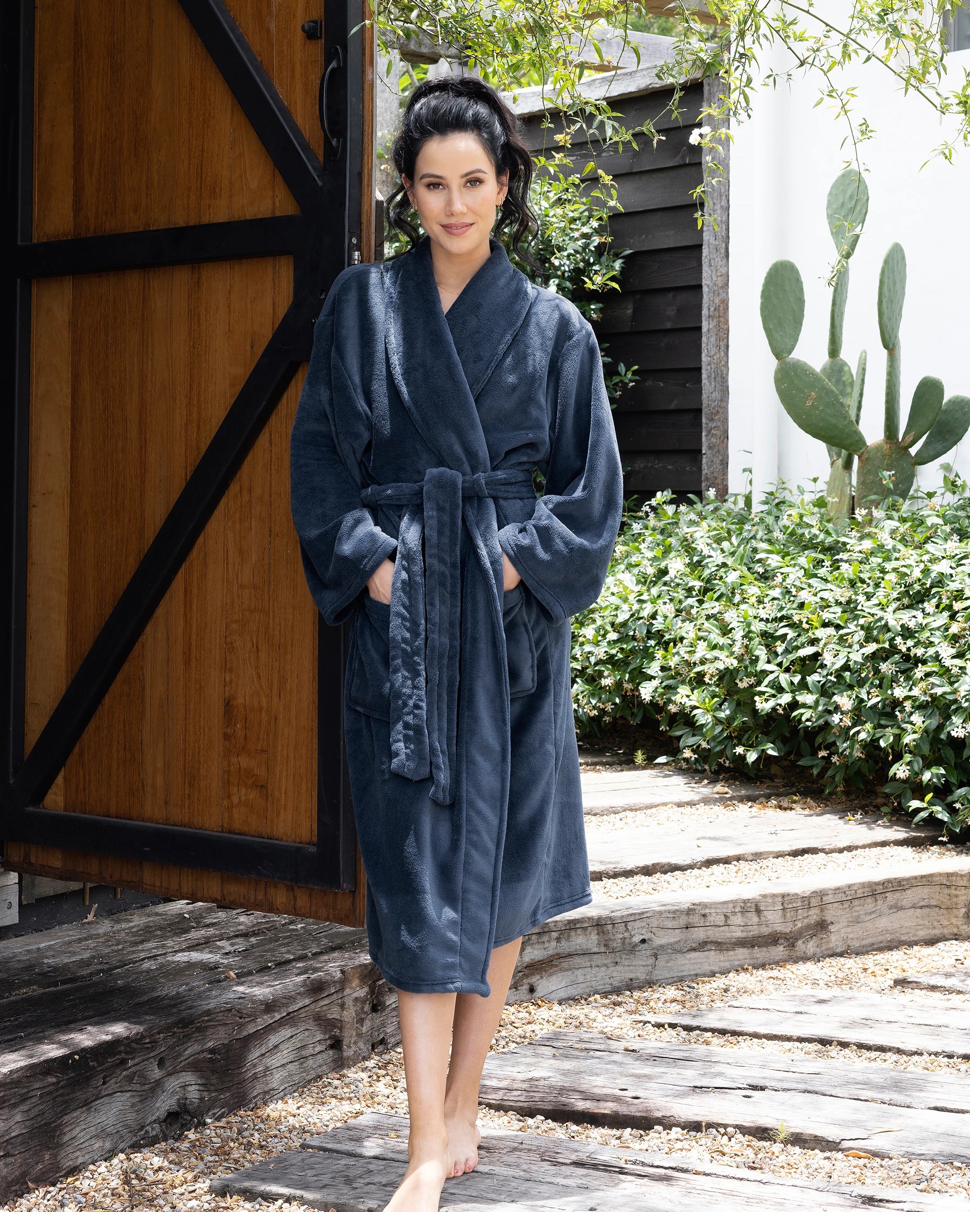 2 Bambury Soft Microplush Coral Fleece Bathrobe Dressing Gown Size Medium/Large Denim - Blue, 2 of 7