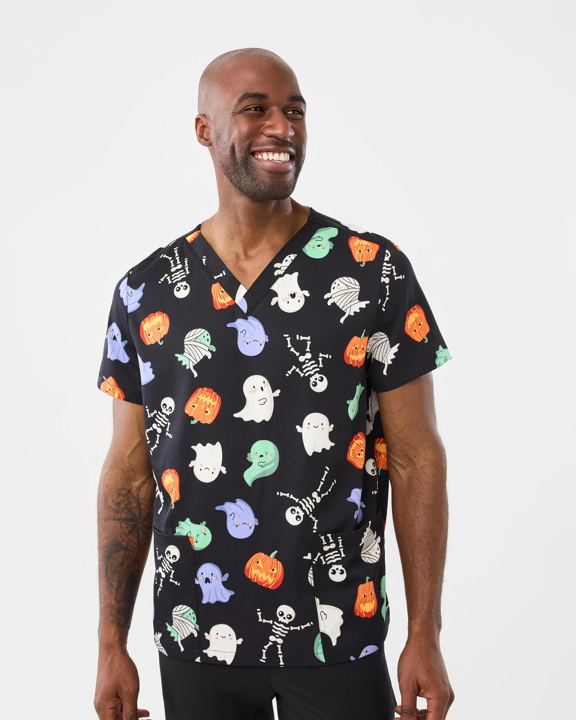 1 Halloween Workwear Unisex Scrub Top Blk Boney, 1 of 7